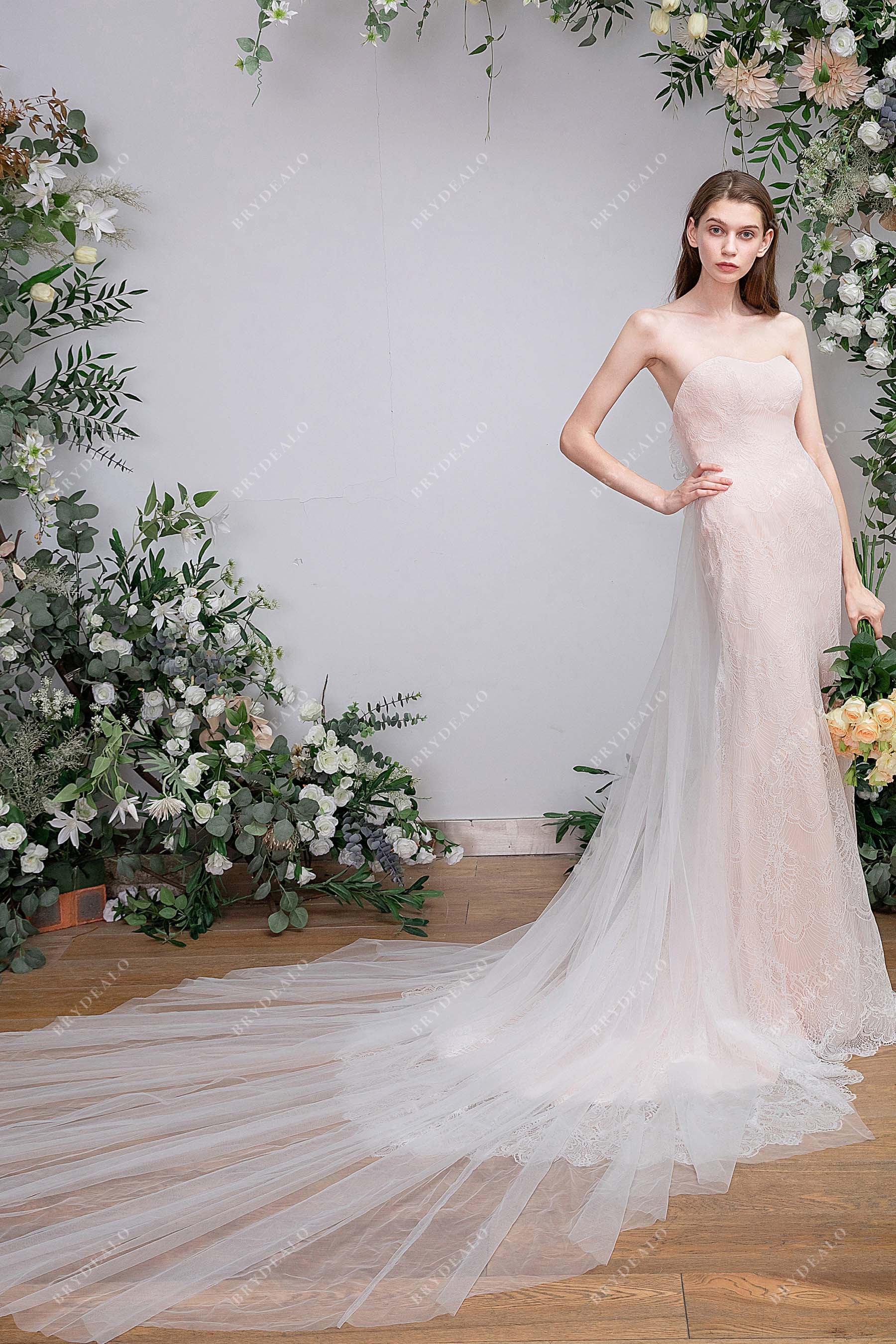 Graceful Lace Strapless Overskirt Boho Wedding Dress