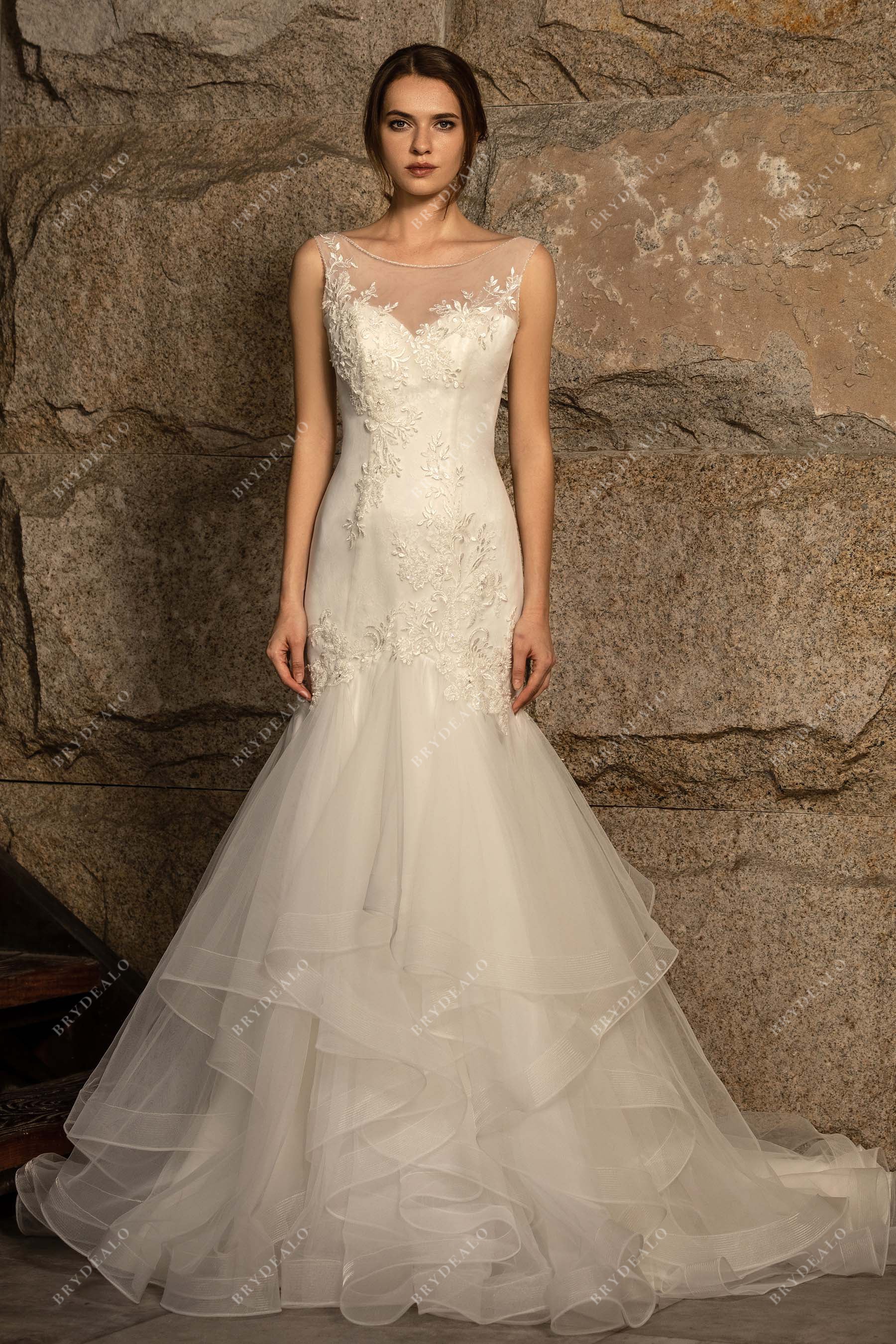 designer sheer neck beaded lace tulle ruffled mermaid wedding dress