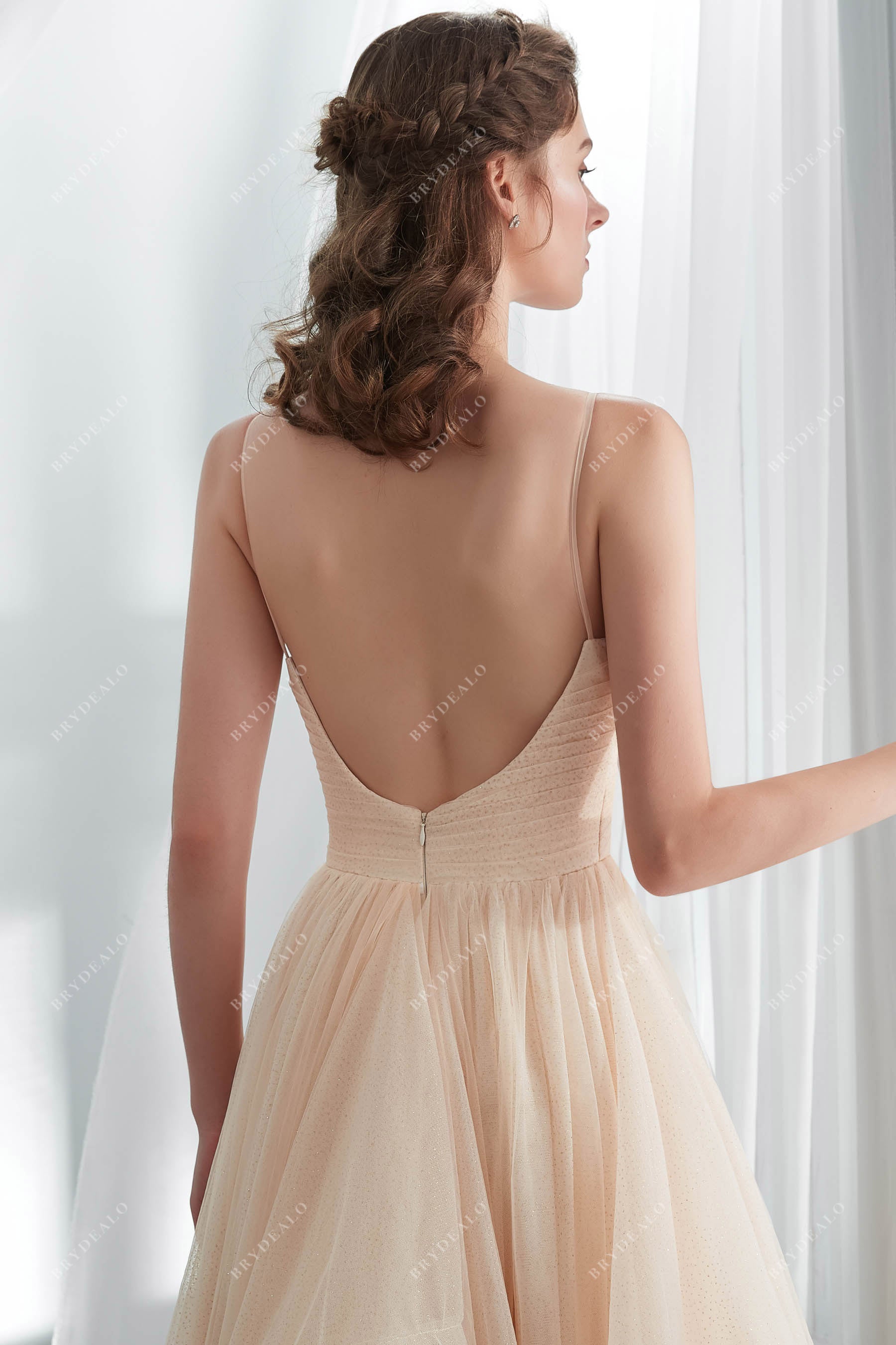 open back sleeveless champagne stylish bridal gown