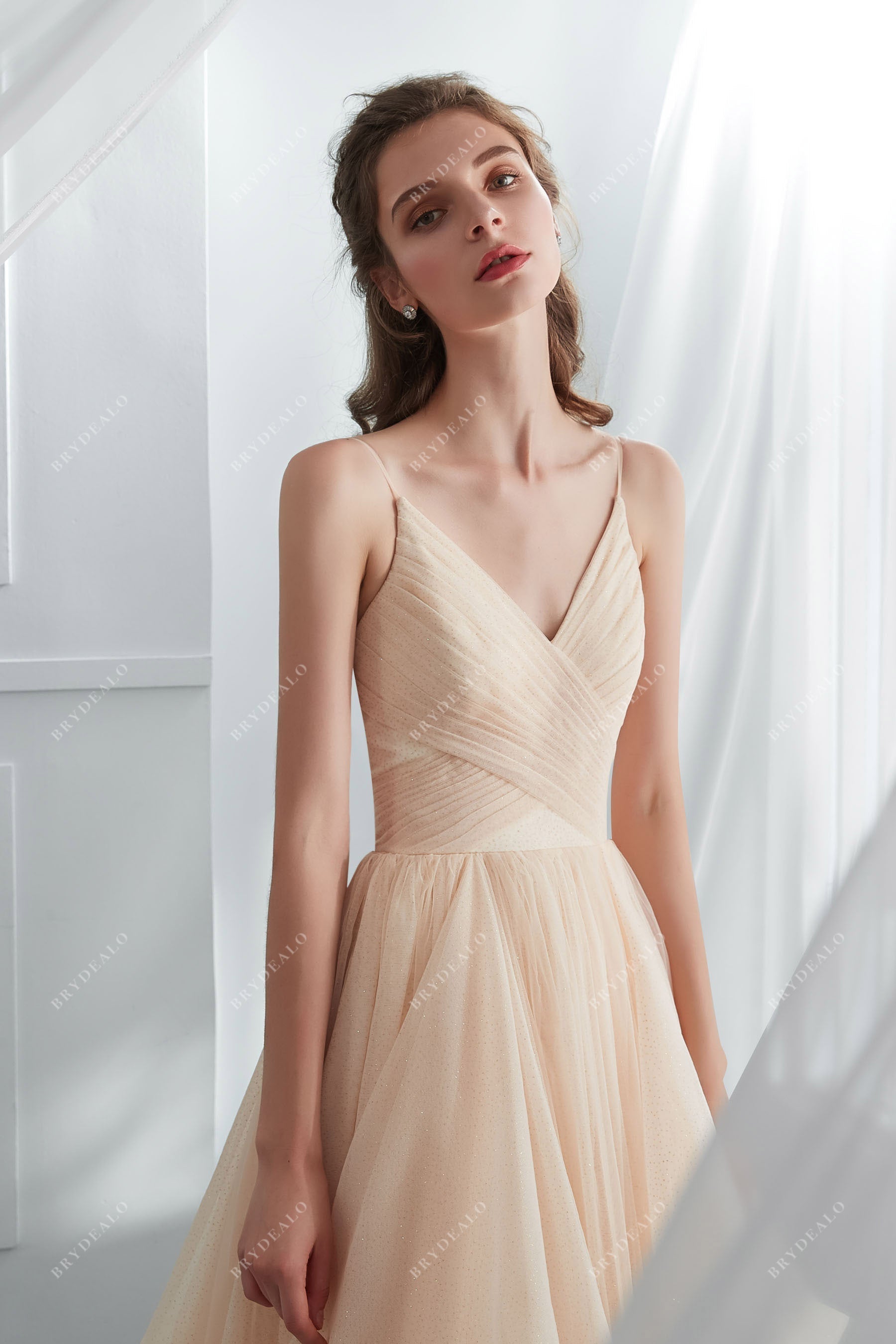 Champagne Shimmer V-neck Ruffled Tulle Wedding Gown | Brydealo Champagne Shimmer V-neck Ruffled Tulle Wedding Gown | Brydealo