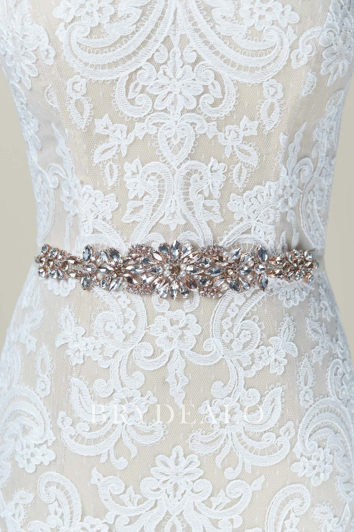 Rose Gold Pearl and Rhinestone Blossom Medallion Bridal Sash