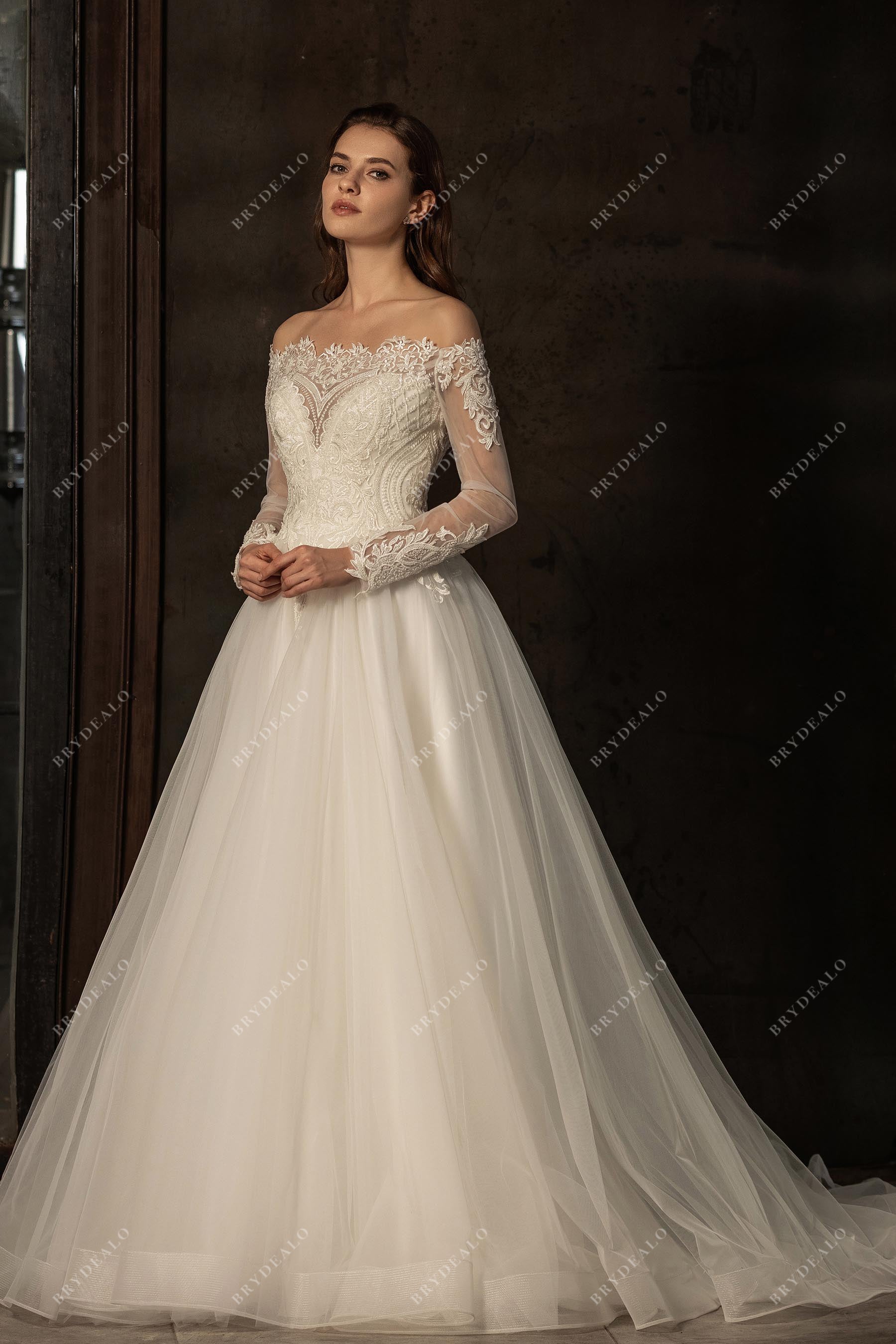 Off-shoulder Illusion Sleeve Designer Lace Wedding Ball Gown