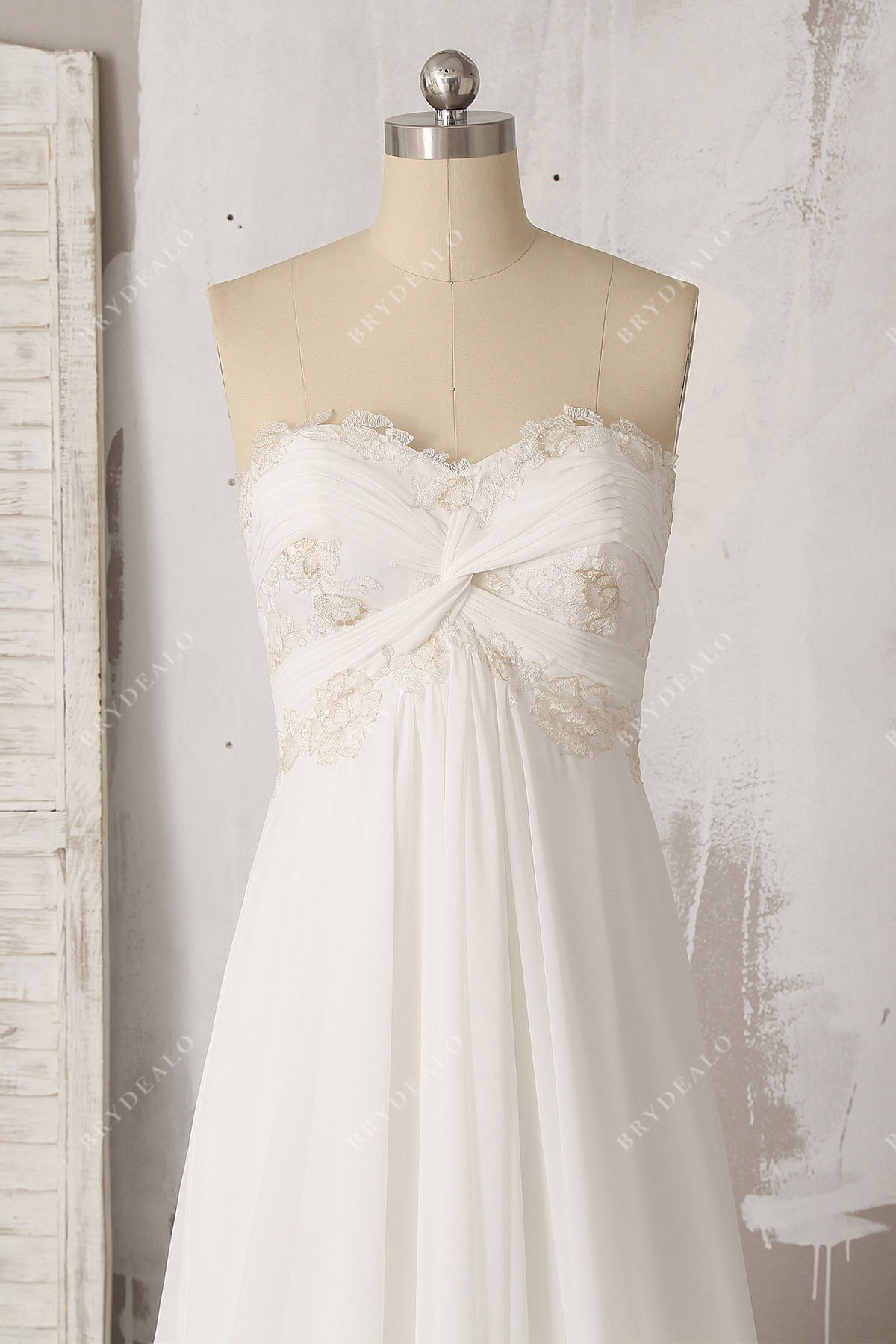 ruched chiffon lace empire spring beach wedding gown