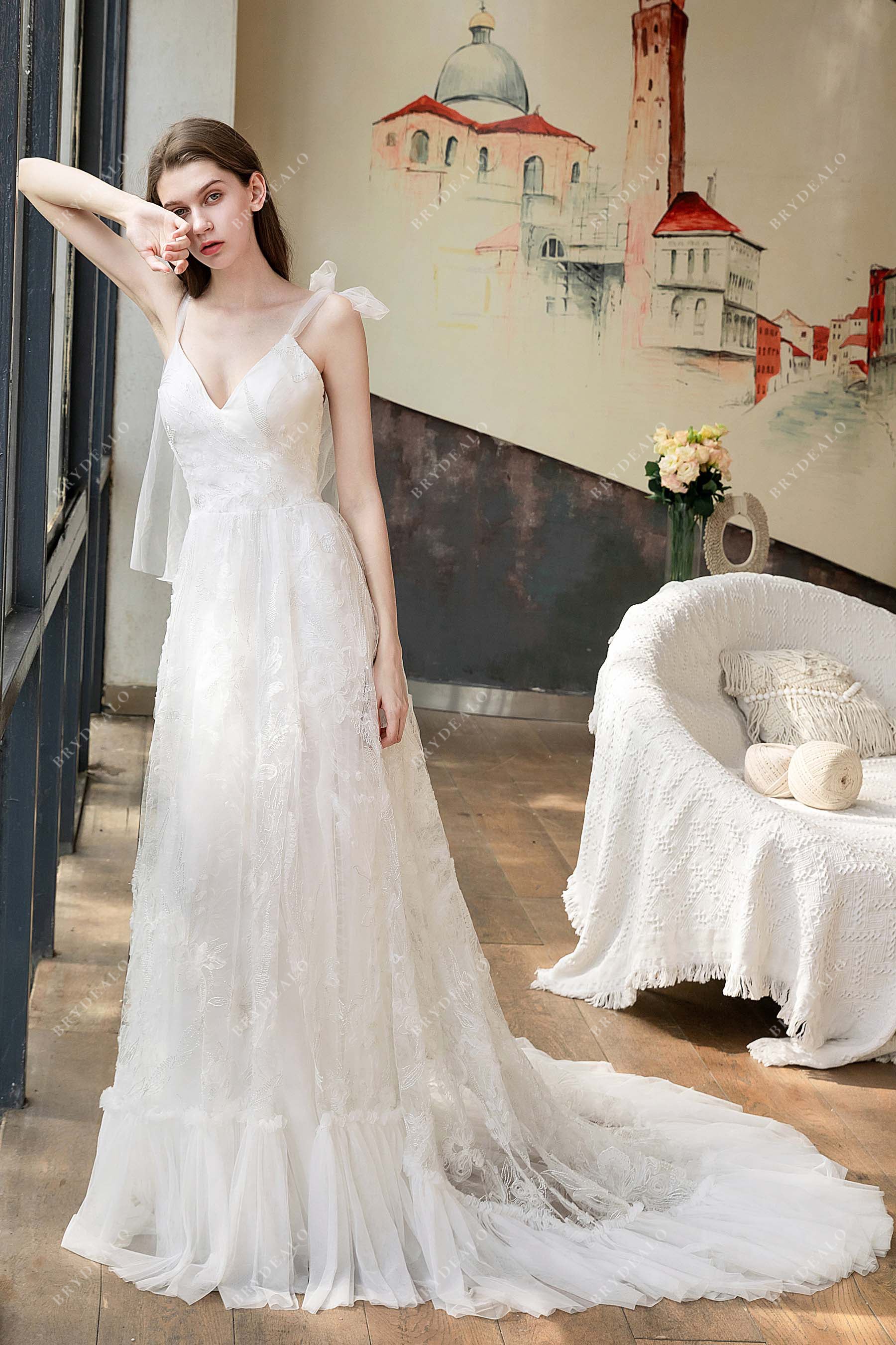 fashion ruffled tulle A-line boho bridal gown