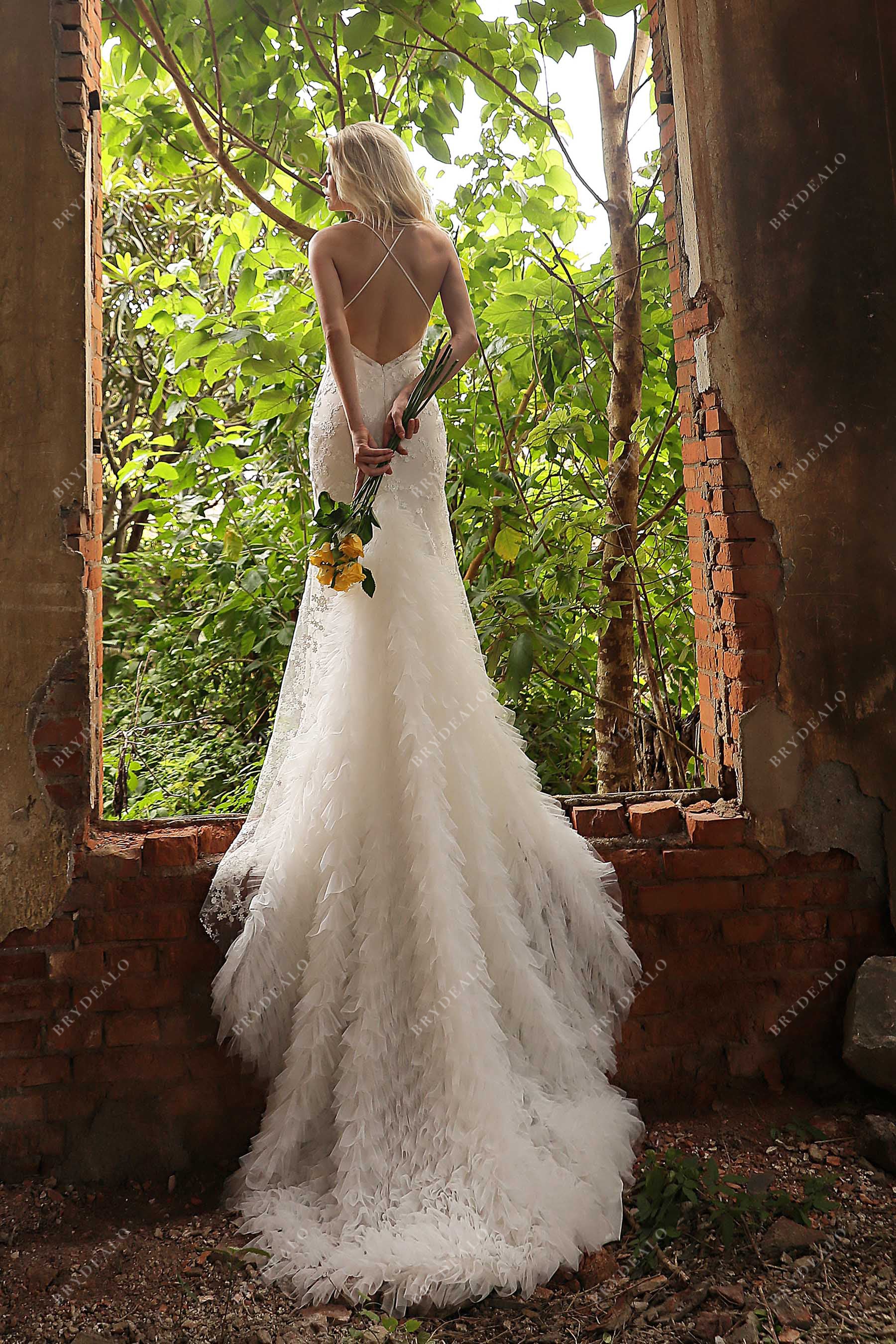 ruffled tulle long train crisscross back country bridal gown