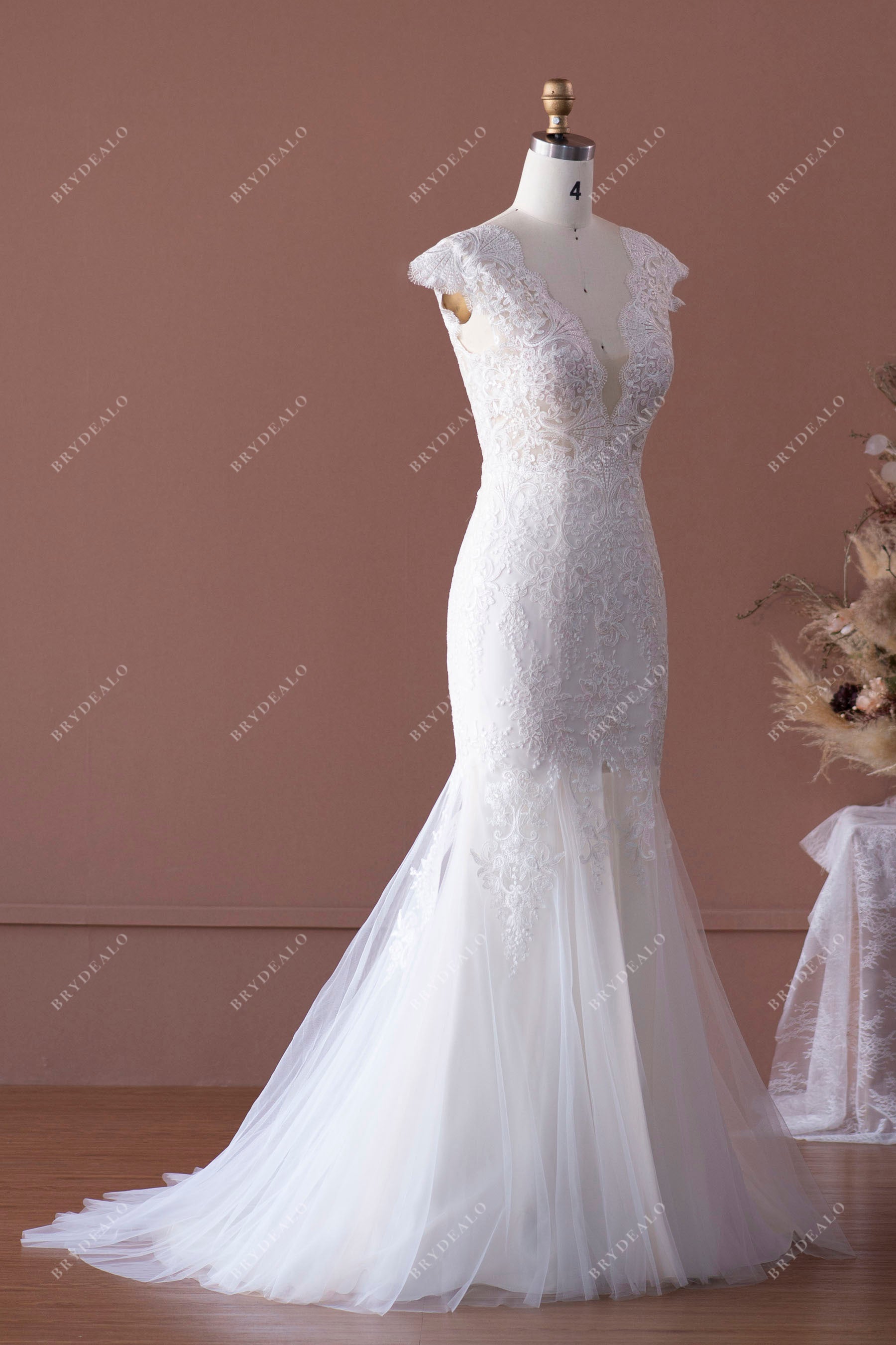 cap sleeves lace trumpet bridal gown