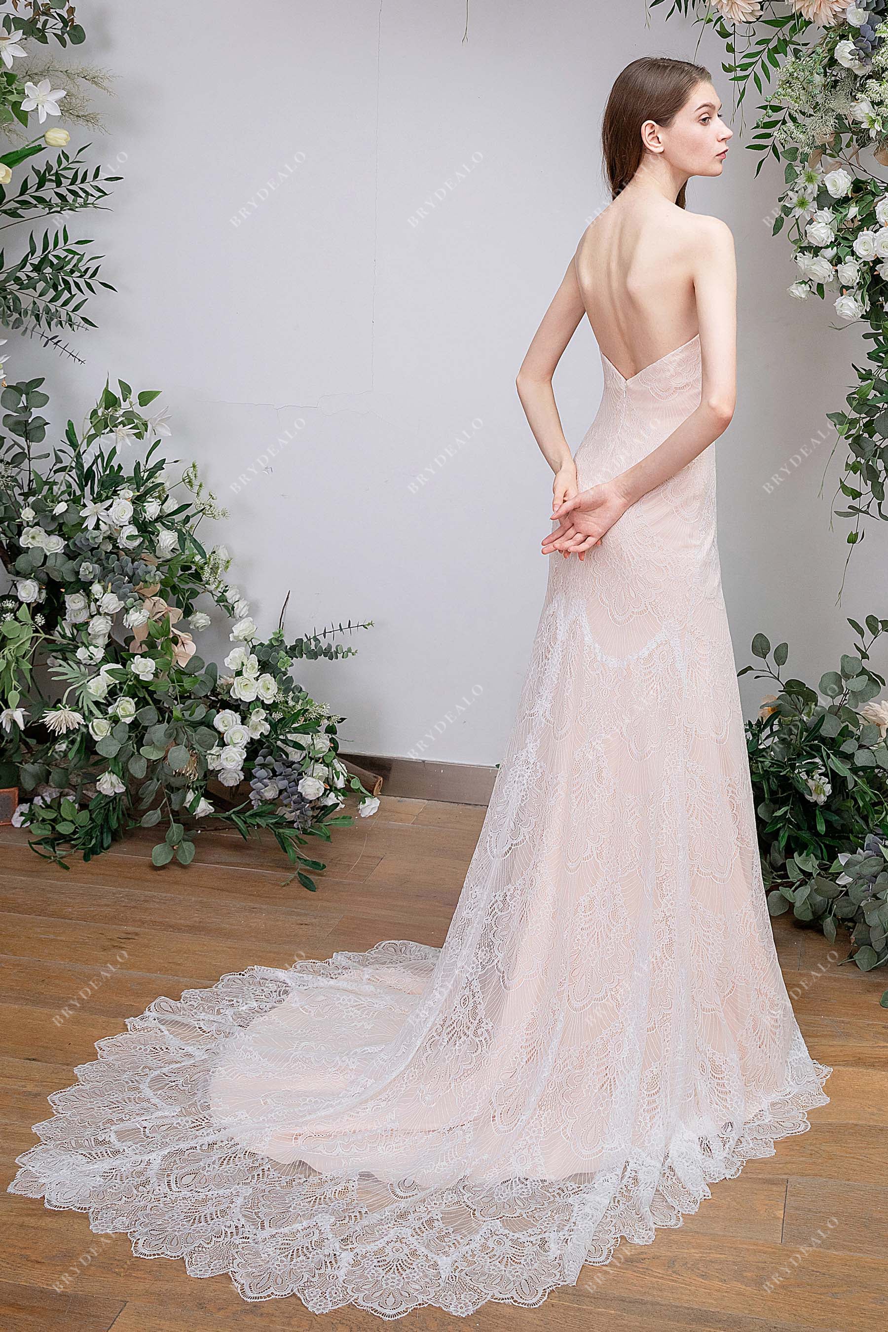 boho open back chapel train mermaid bridal gown