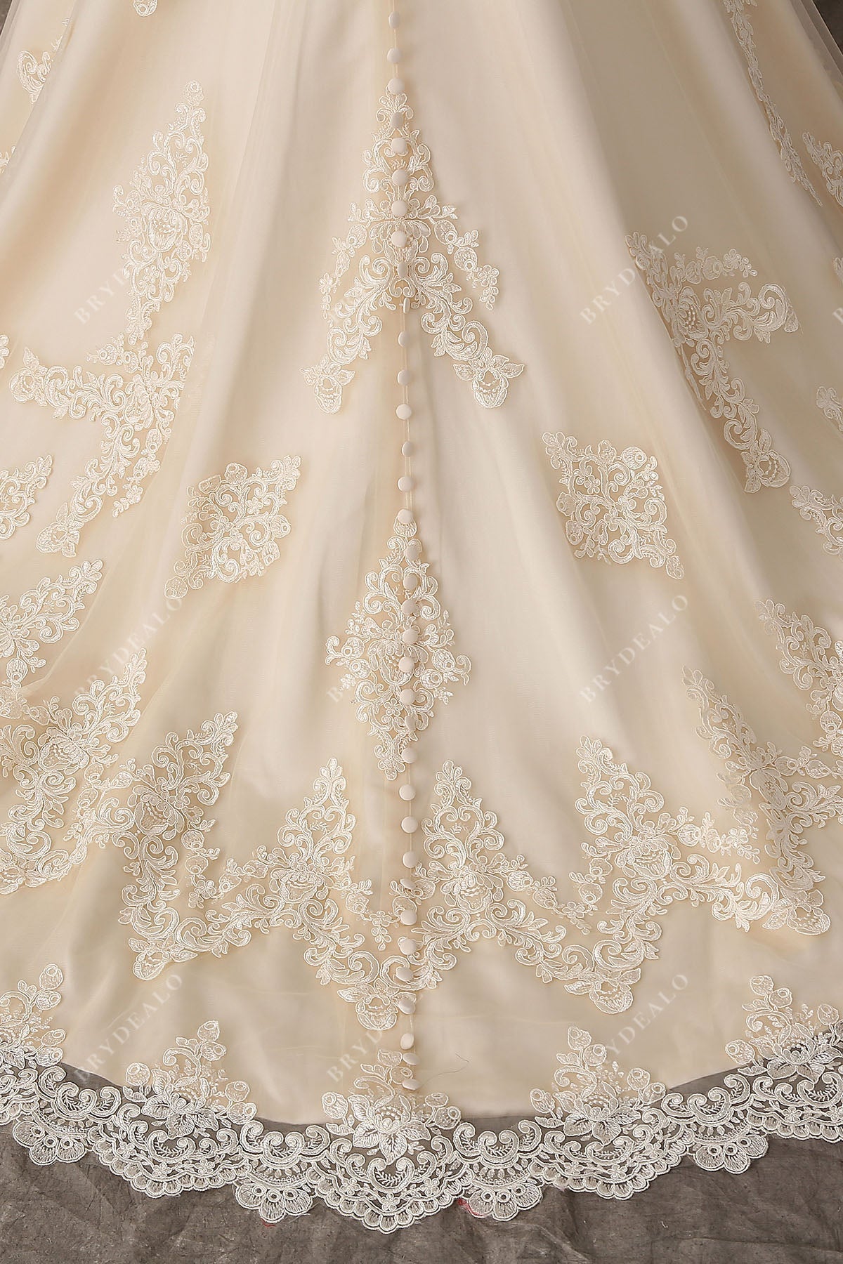 scalloped lace long train wedding dress