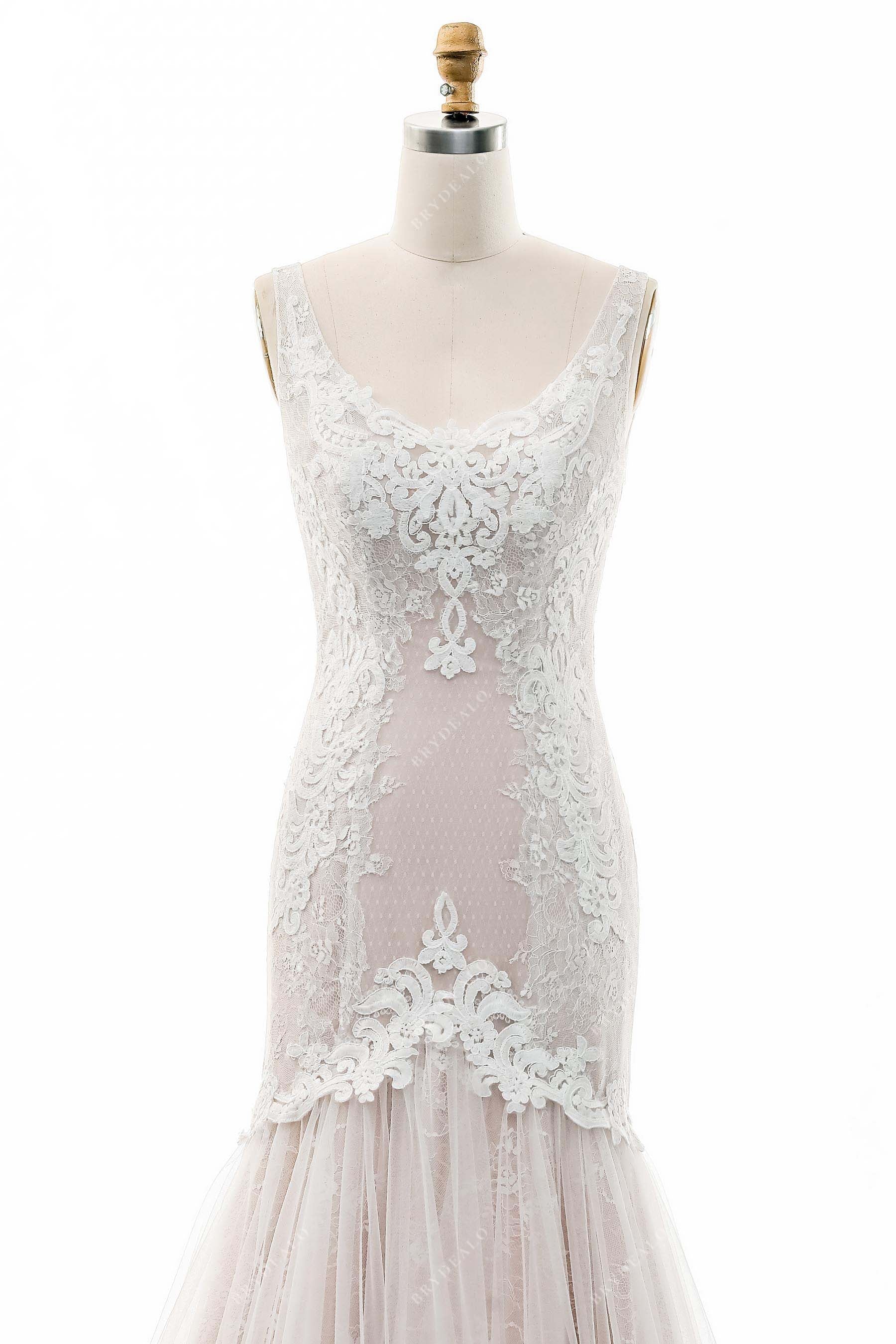 Scoop Neck Beaded Lace Sleeveless Nude Bridal Gown