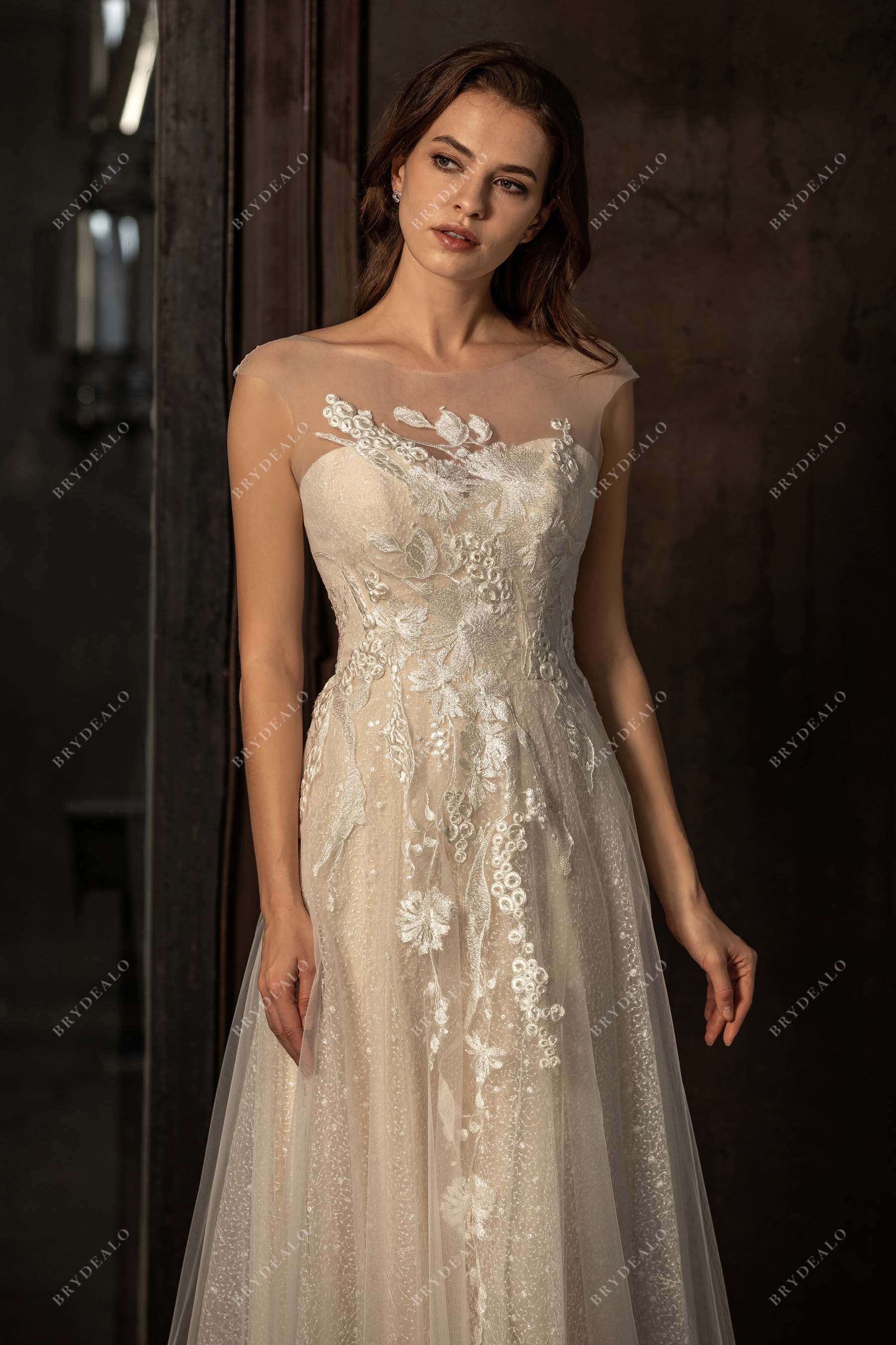 sequin lace tulle A-line wedding gown
