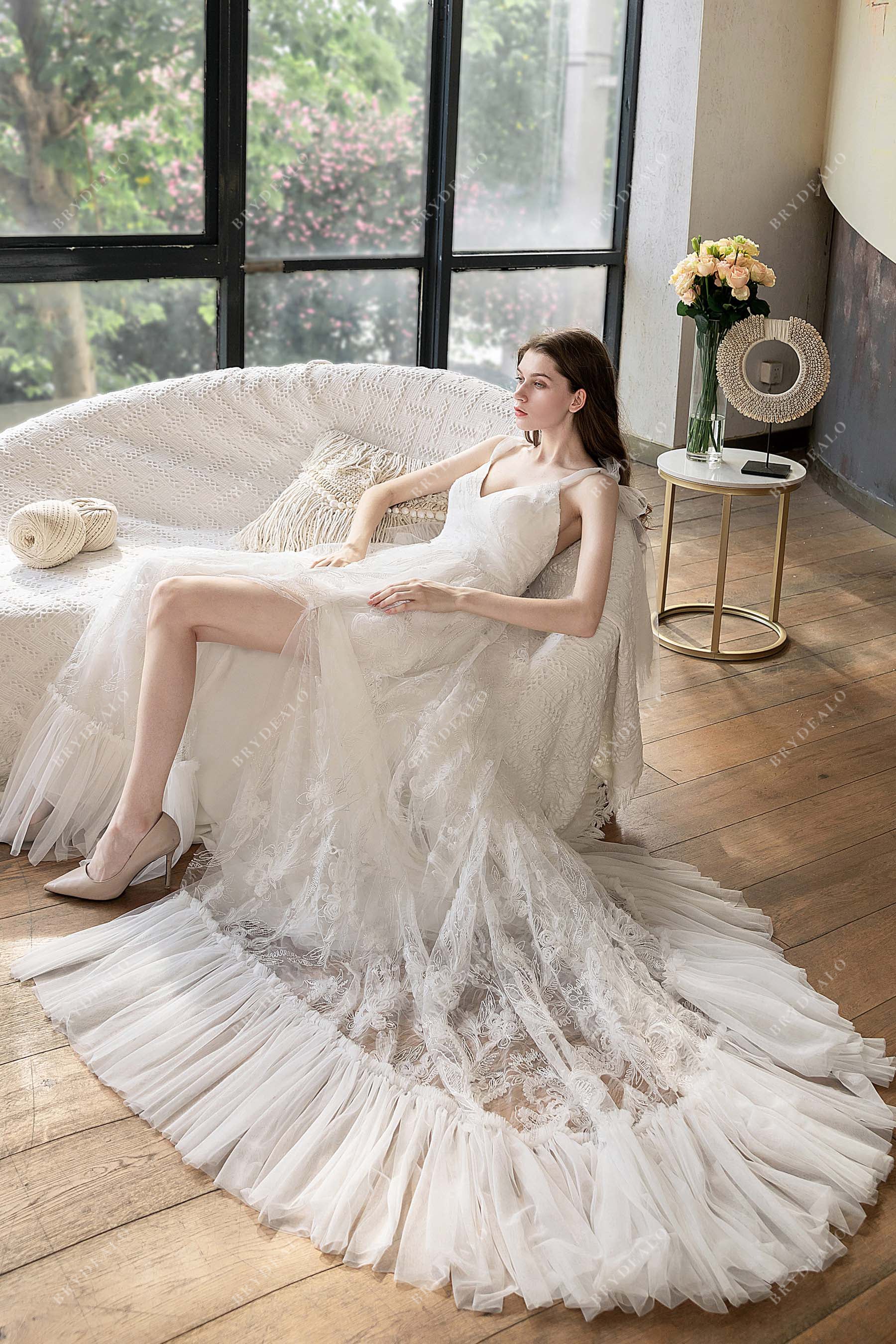 Sexy Thigh High Slit Lace Ruffled Wedding Dress