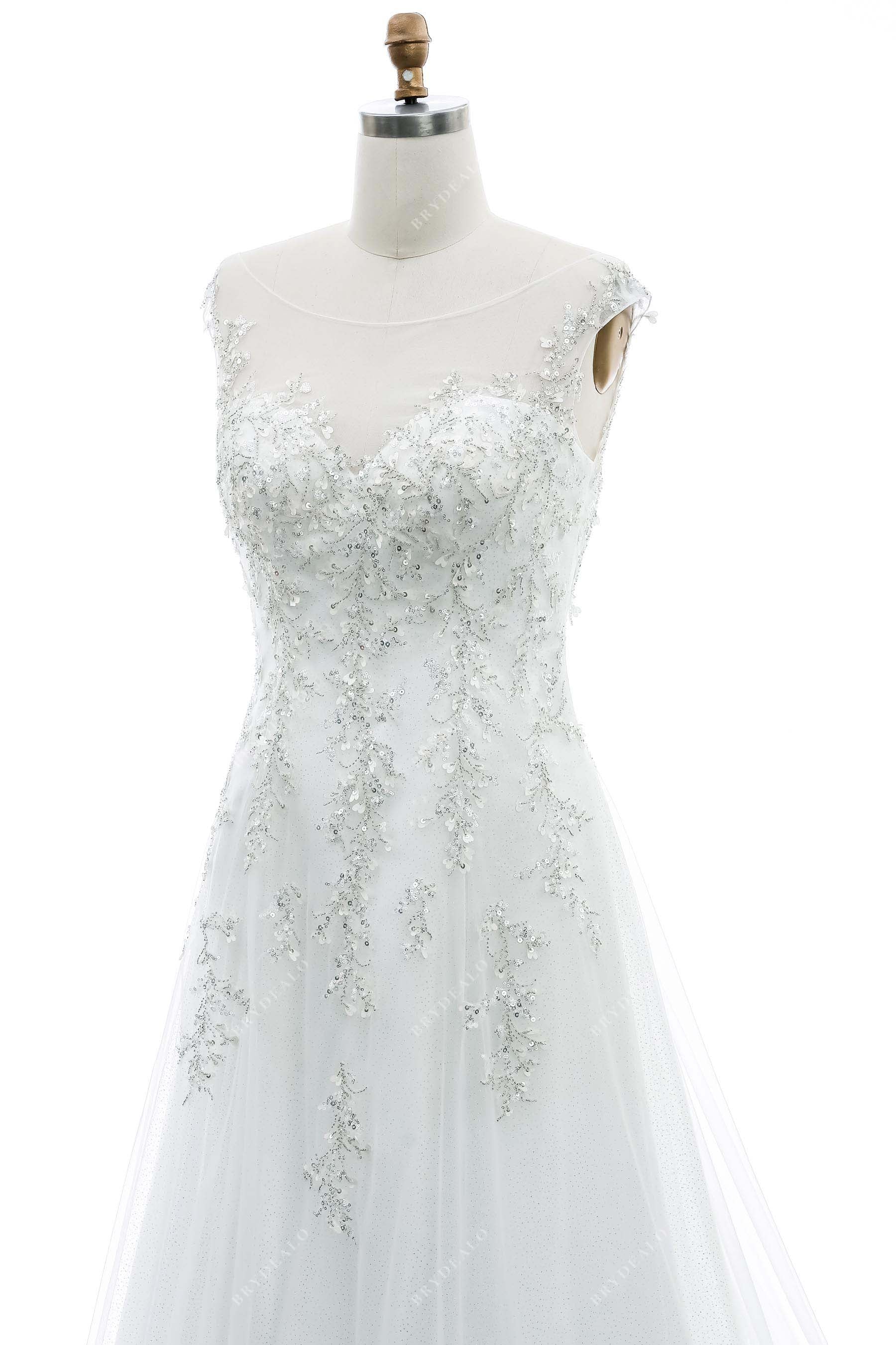 illusion bateau neck beaded lace A-line bridal dress