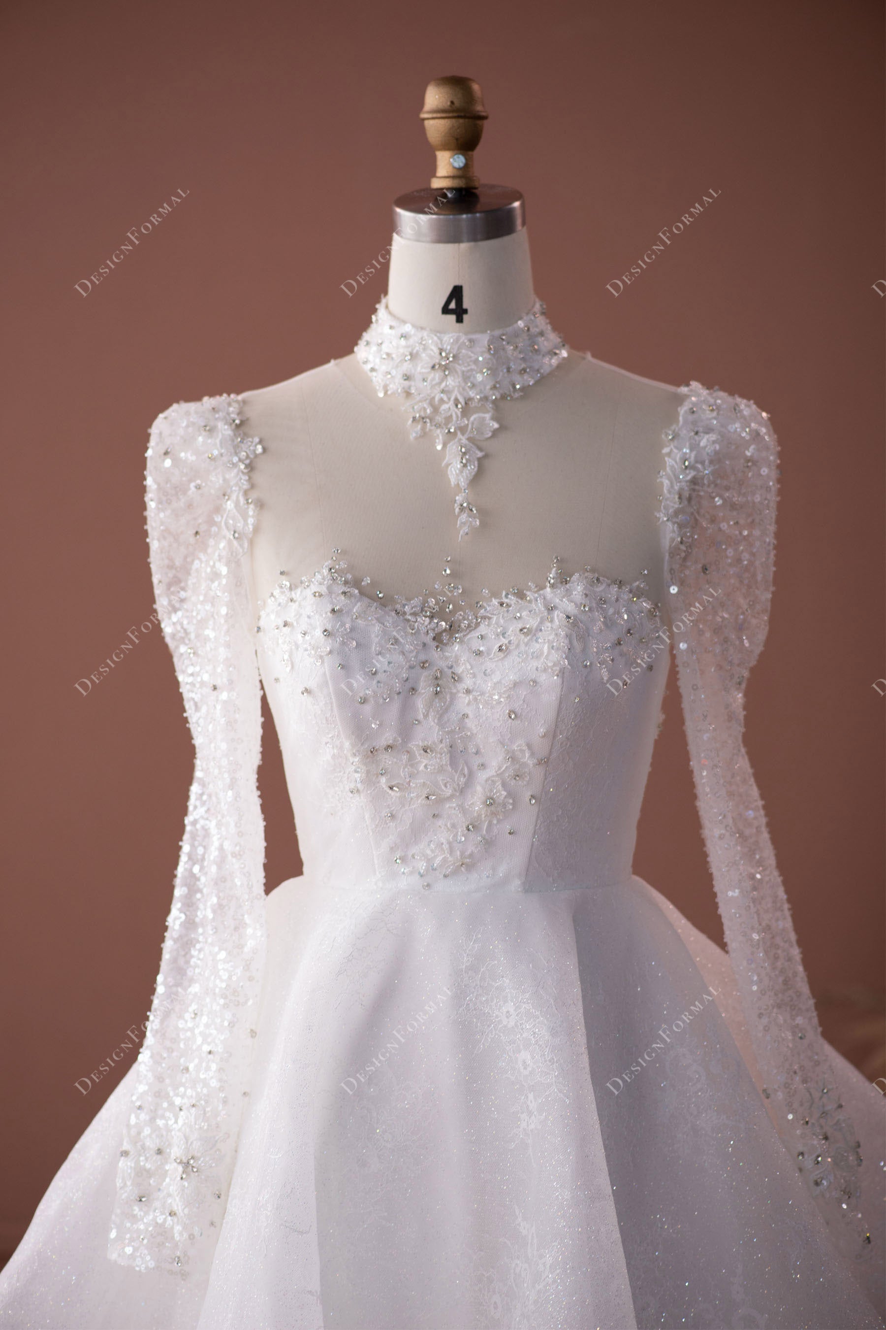 sheer beaded sleeves sparkly choker neck wedding dress