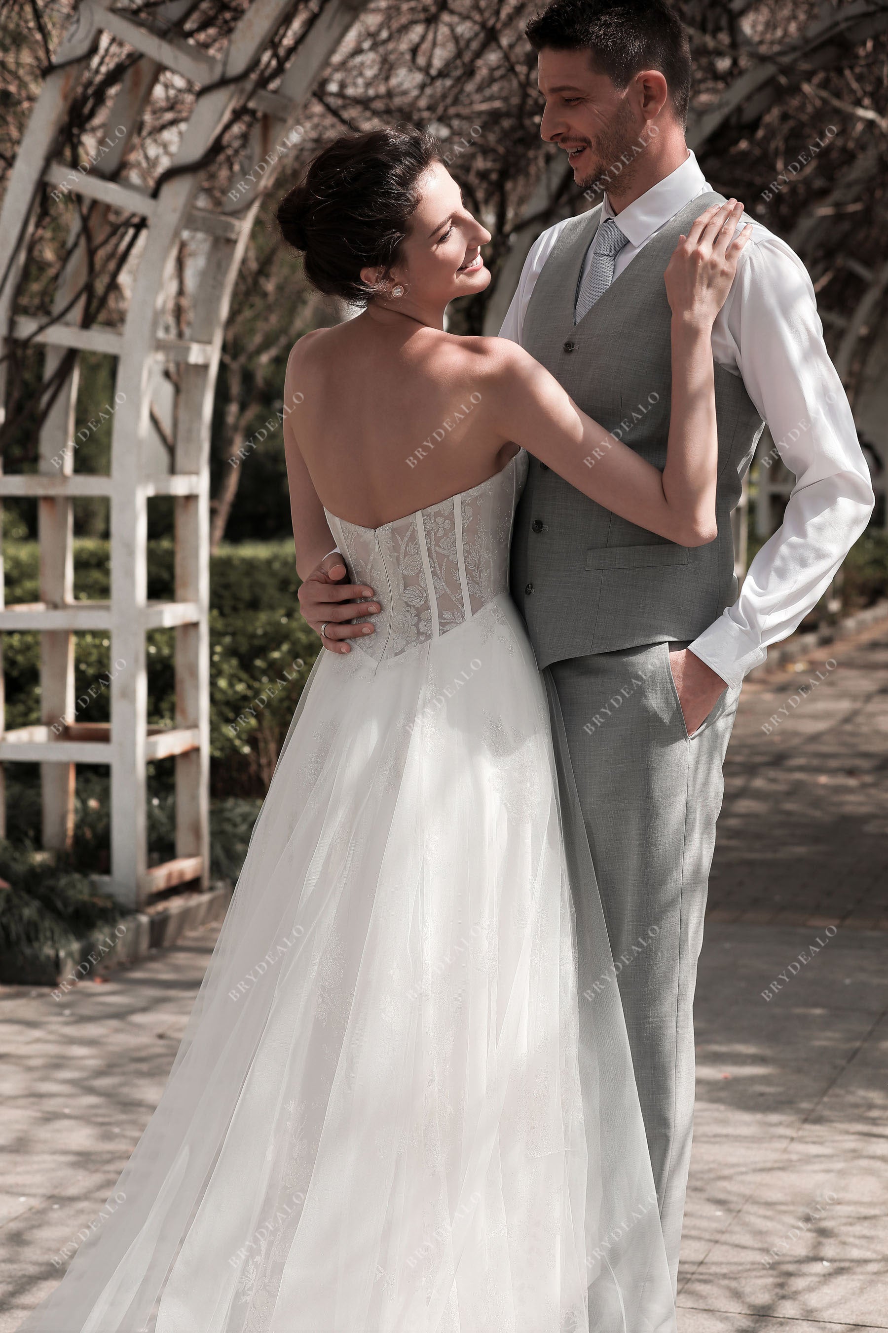 Designer Fall Wedding Dress: Semi-Sweetheart, Silver Lace, Tulle Brydealo Designer Fall Wedding Dress: Semi-Sweetheart, Silver Lace, Tulle Brydealo