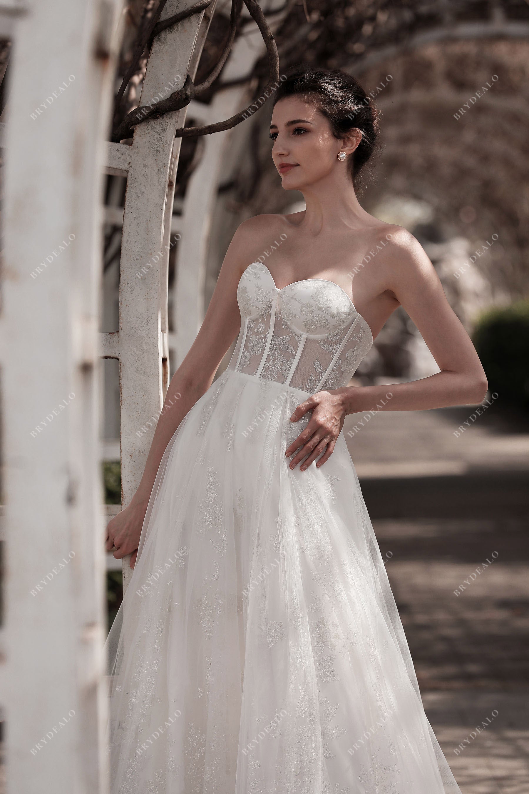 Designer Fall Wedding Dress: Semi-Sweetheart, Silver Lace, Tulle Brydealo Designer Fall Wedding Dress: Semi-Sweetheart, Silver Lace, Tulle Brydealo