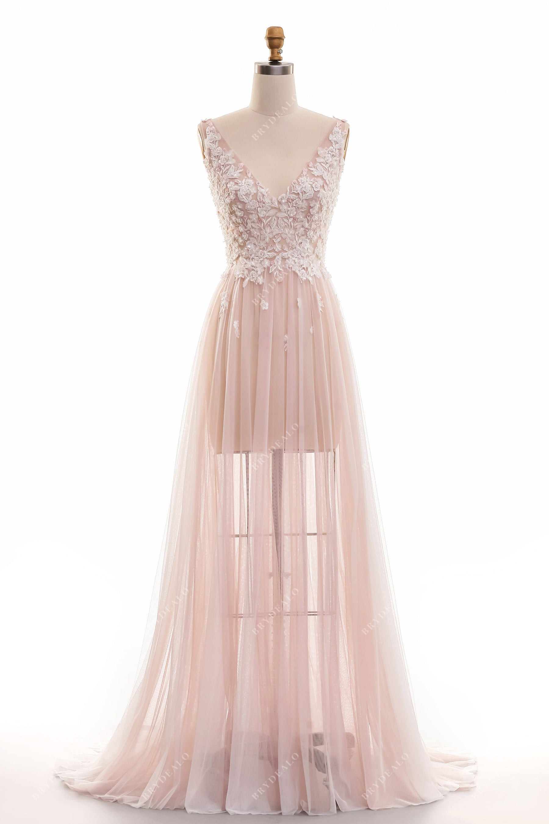 Boho Dusty Rose Lace Tulle A-line Wedding Dress