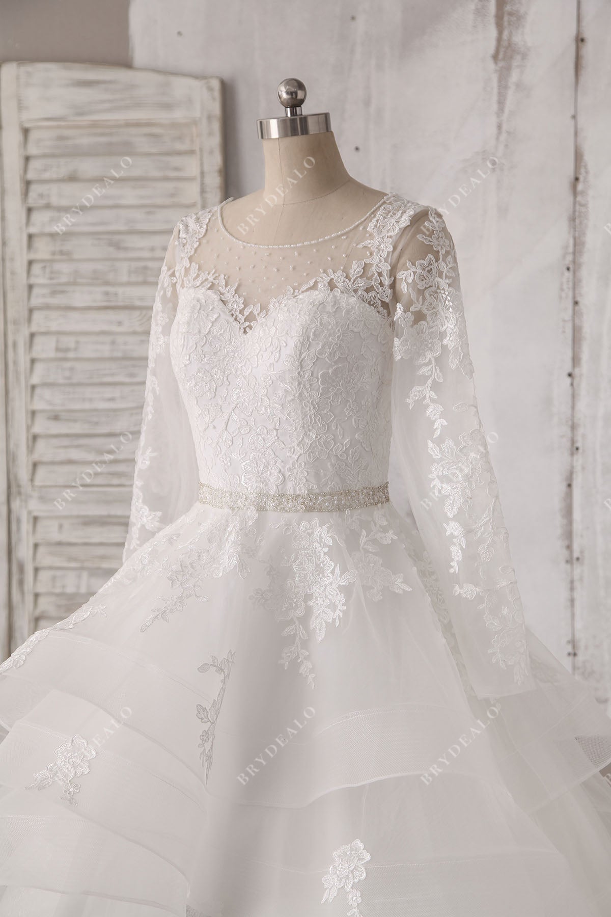 sheer neck long sleeves beaded lace bridal dress