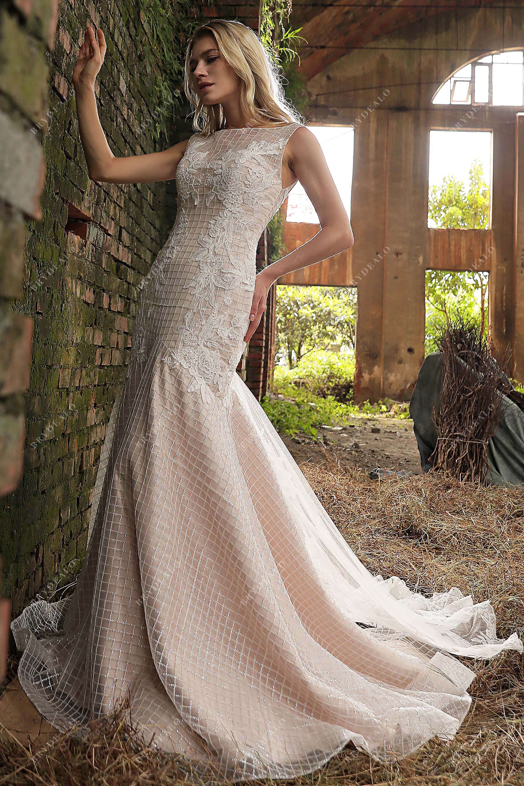 Shimmery Sequined Lace Nude Pink Mermaid Wedding Gown