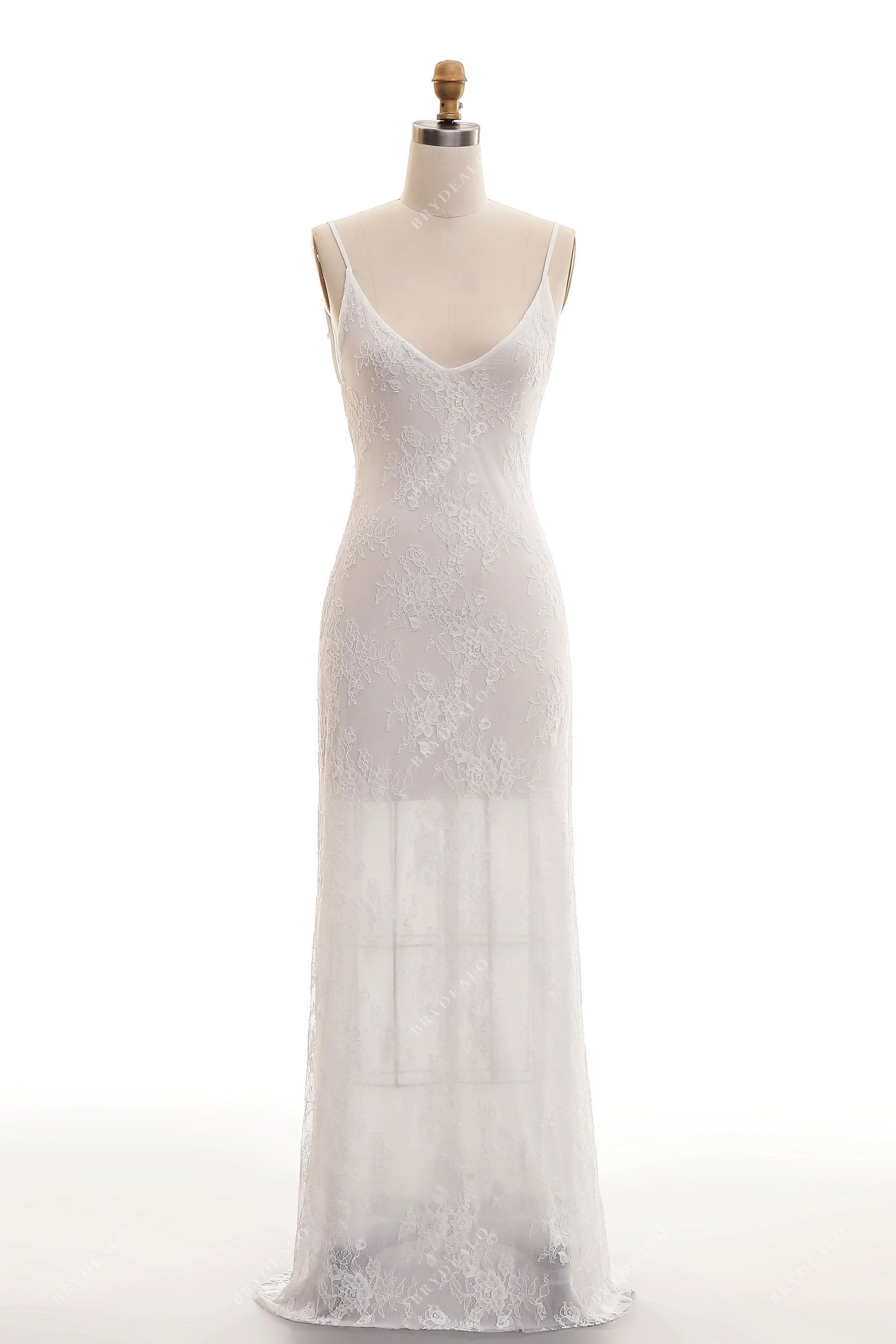 simple elastic lace boho scoop neck bridal slip gown