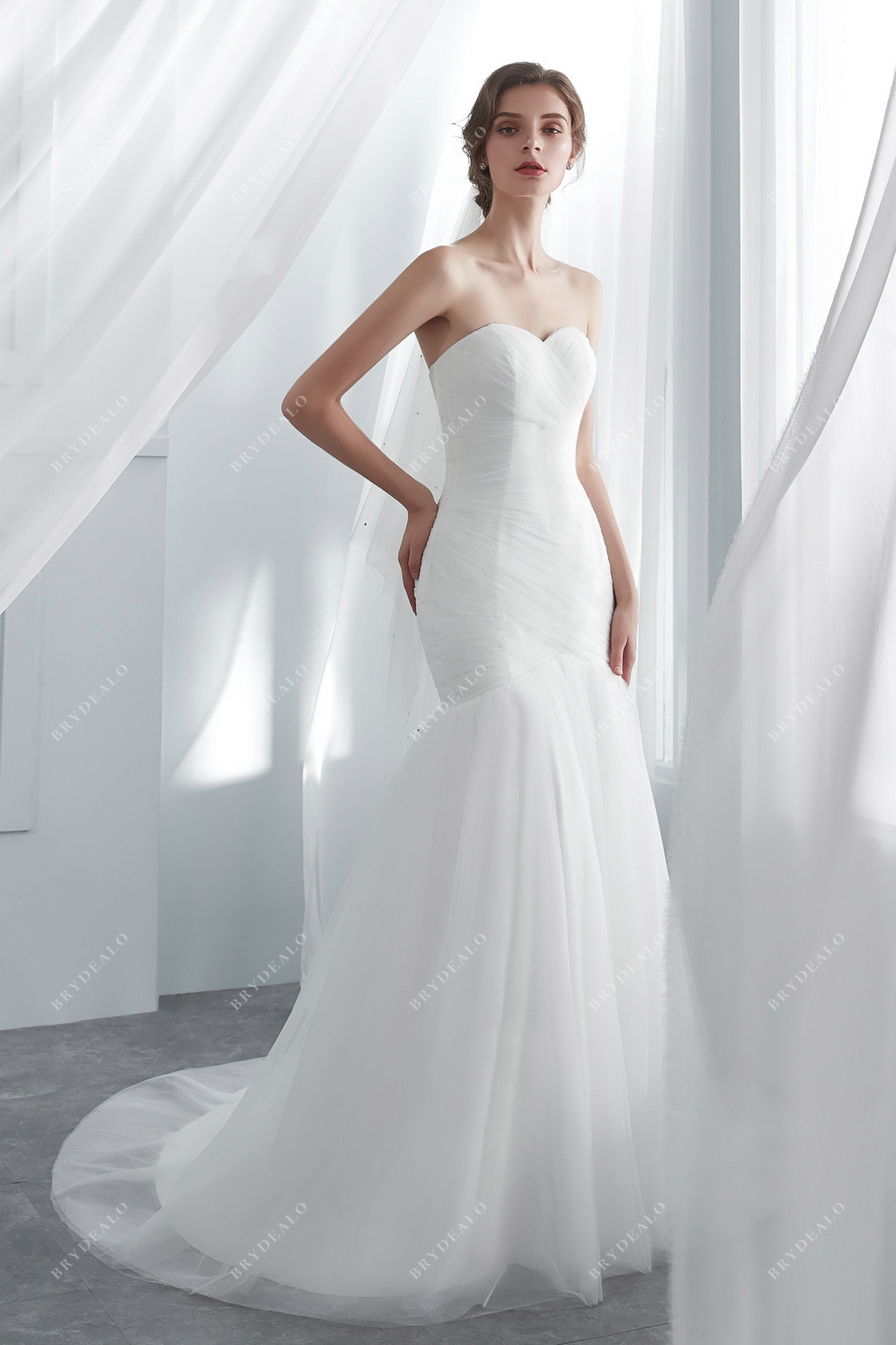 Destination Ruched Tulle Trumpet Wedding Gown