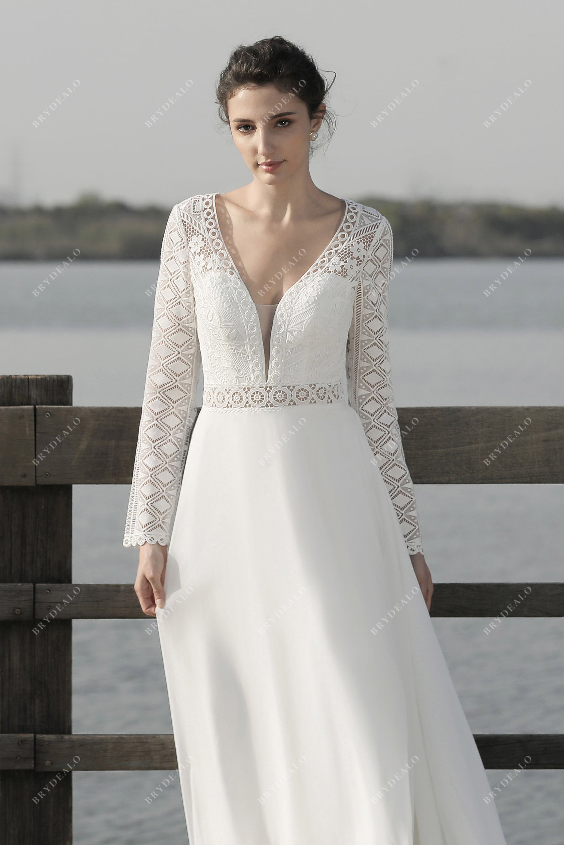 plunging neck lace bridal gown