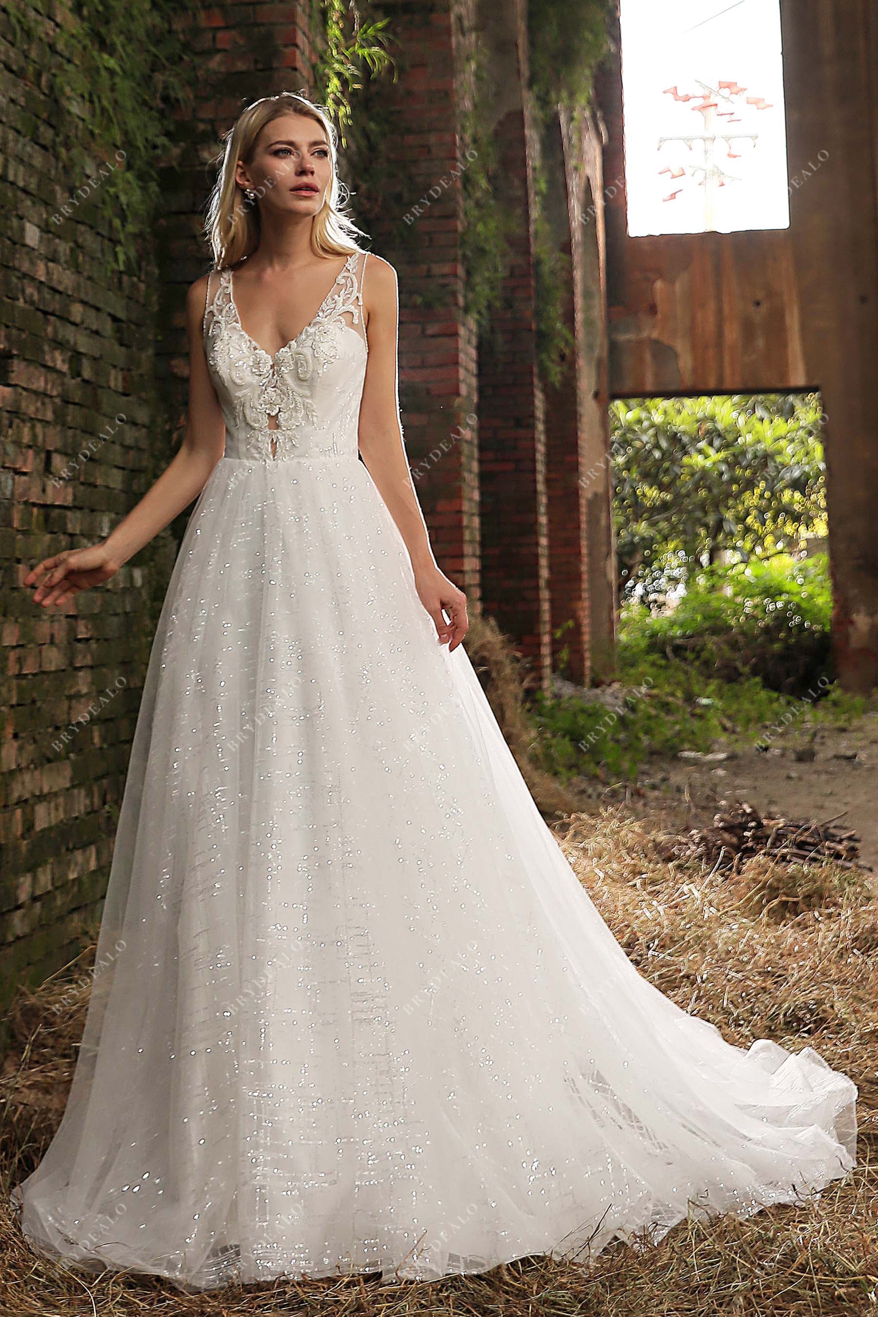 Plunging Neck Beaded Lace Destination Sequined Bridal Dress