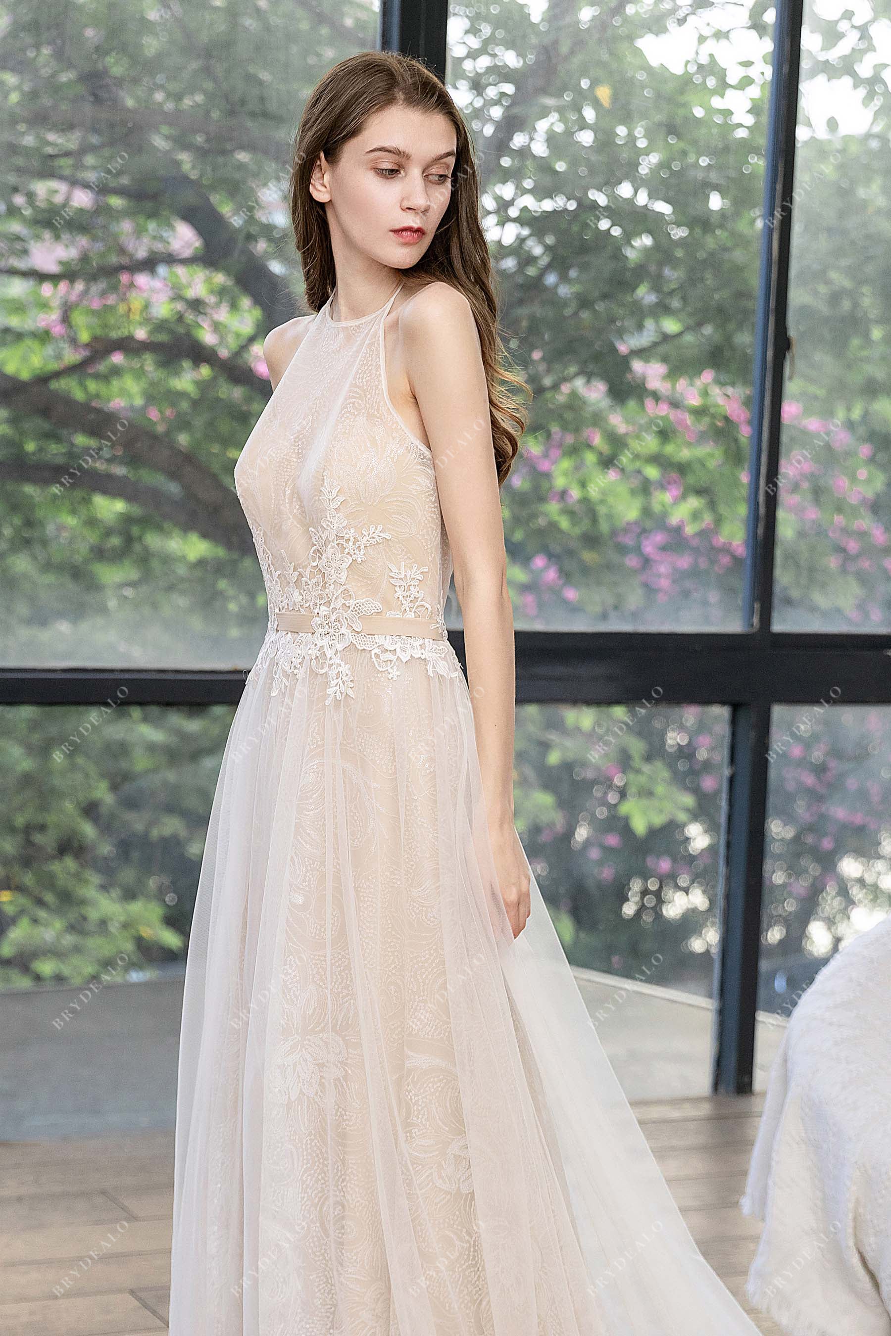 Halter Neck Lace Designer Beach Wedding Dress - Main Image