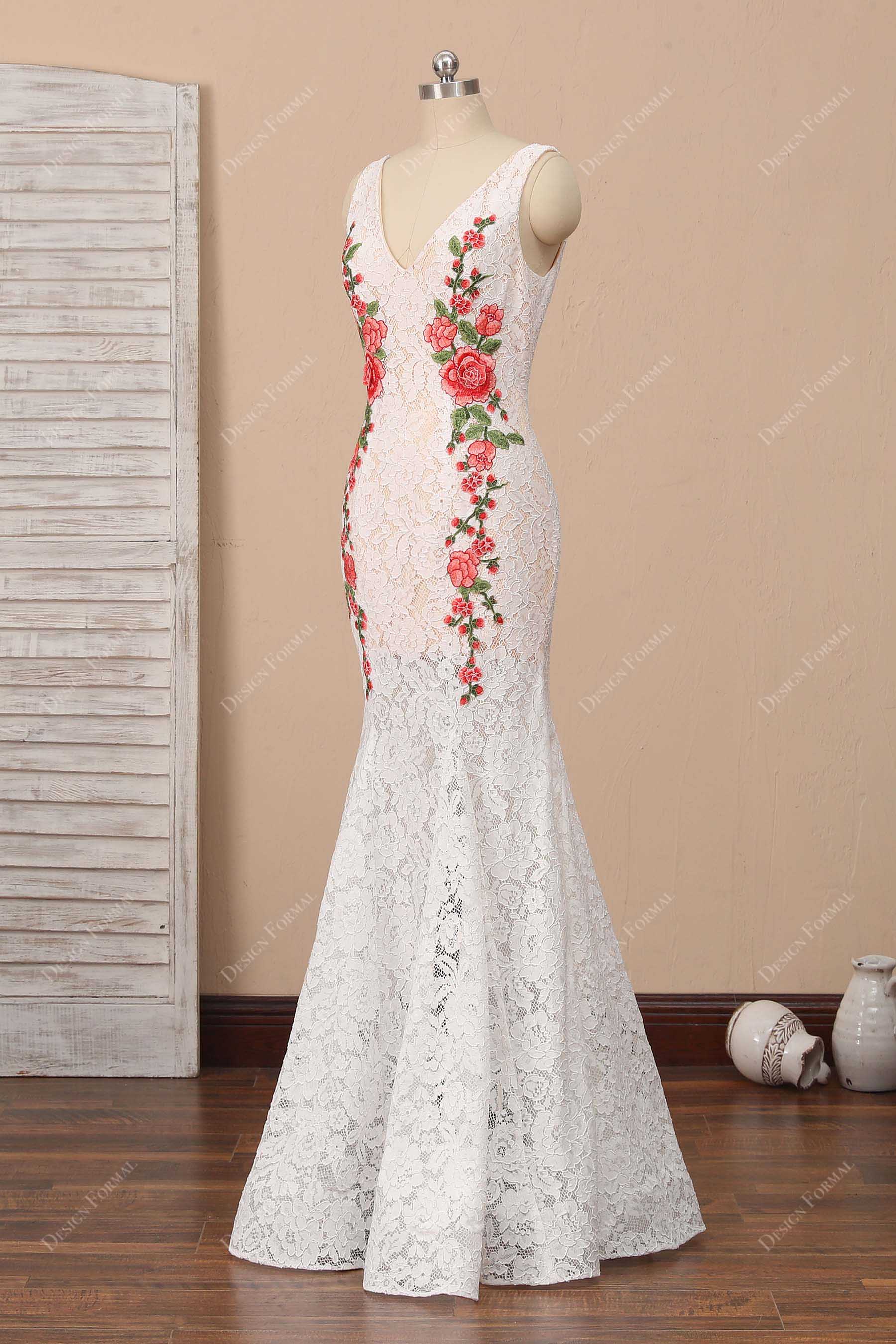 Red Flower White Lace Trumpet Floor Length Evening Casual Bridal Dress Brydealo Red Flower White Lace Trumpet Floor Length Evening Casual Bridal Dress Brydealo
