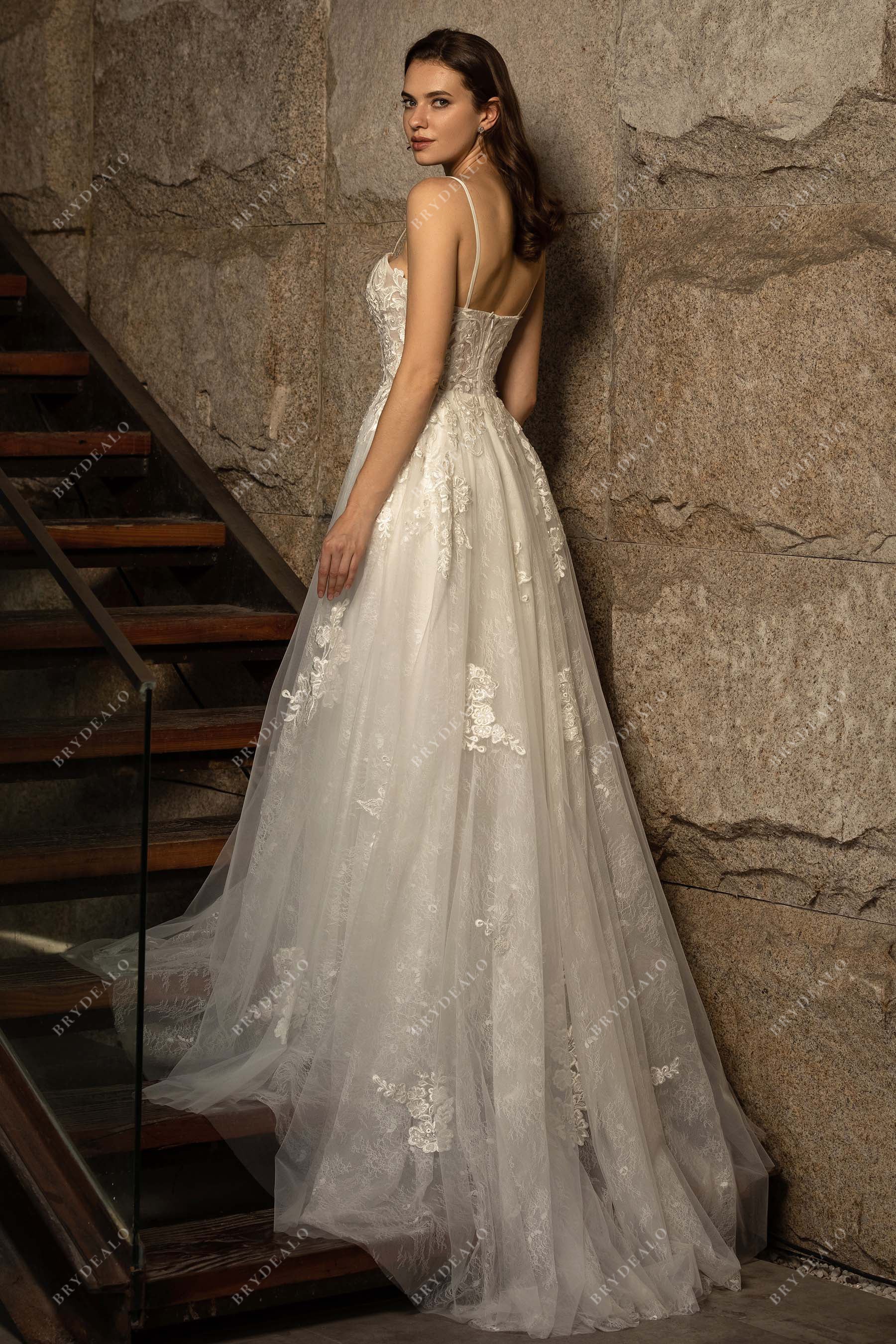 spaghetti straps A-line lace tulle destination wedding gown