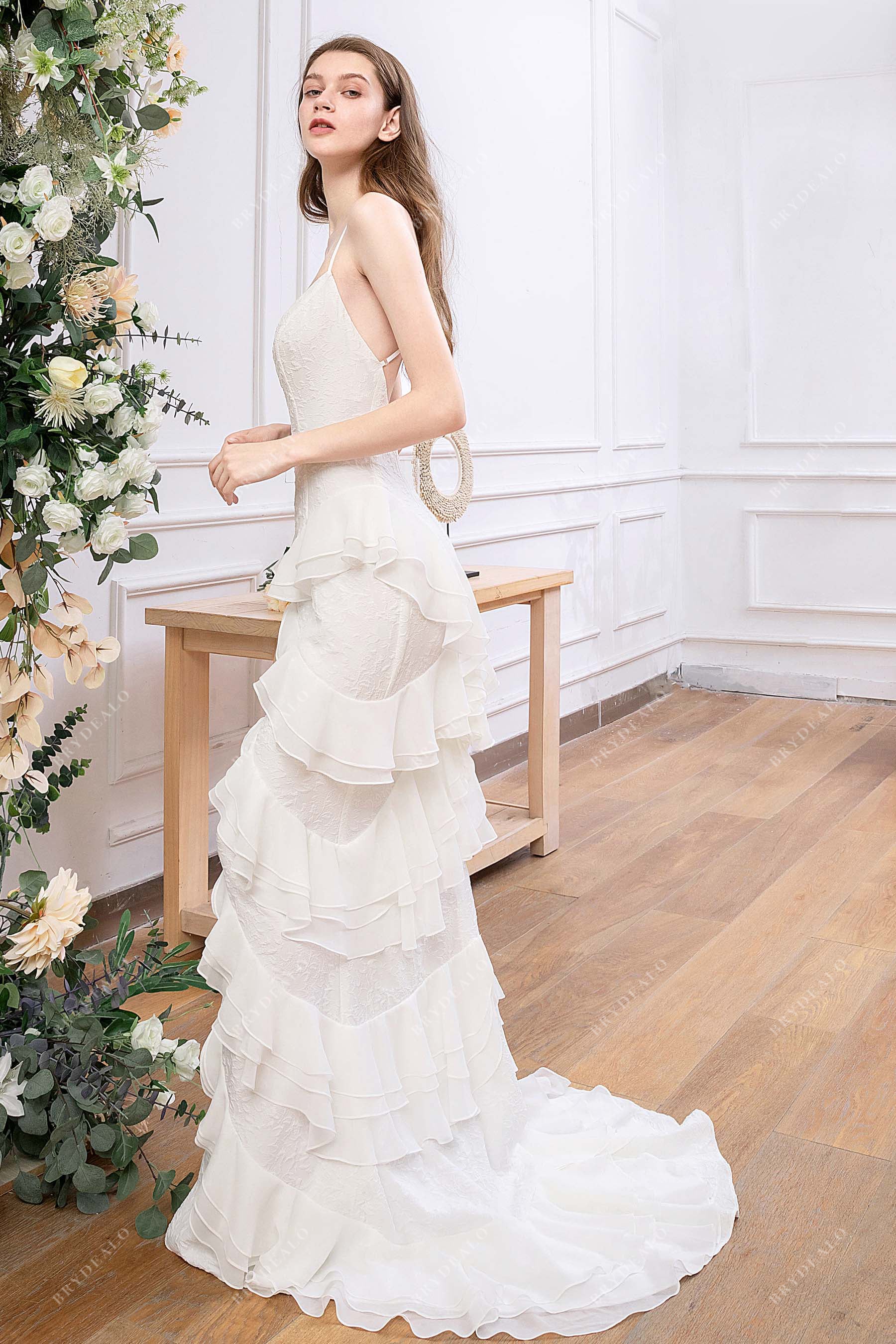 Mellower Sheath Wedding Dress with Tiered Ruffles & Criss-Cross Back Brydealo Mellower Sheath Wedding Dress with Tiered Ruffles & Criss-Cross Back Brydealo