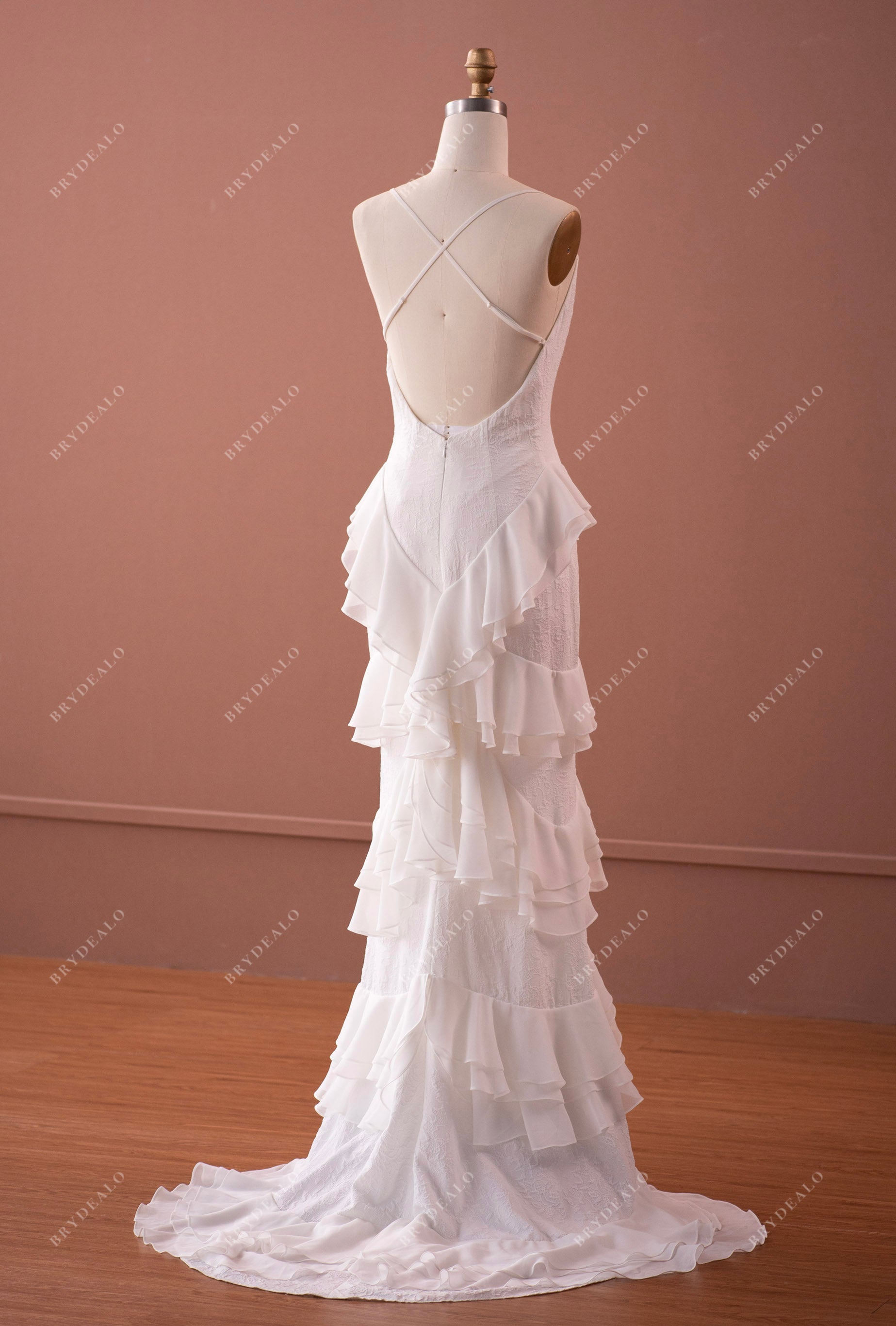 spaghetti strap open back ruffled short train wedding dress