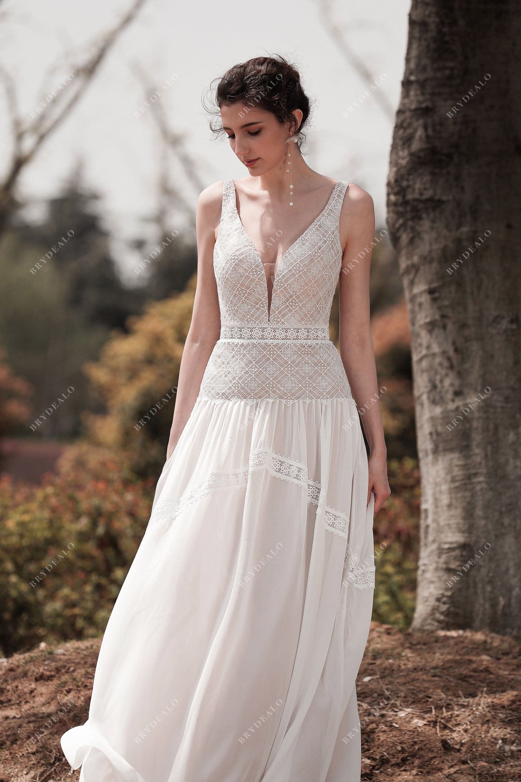 plunging neck lace summer wedding gown