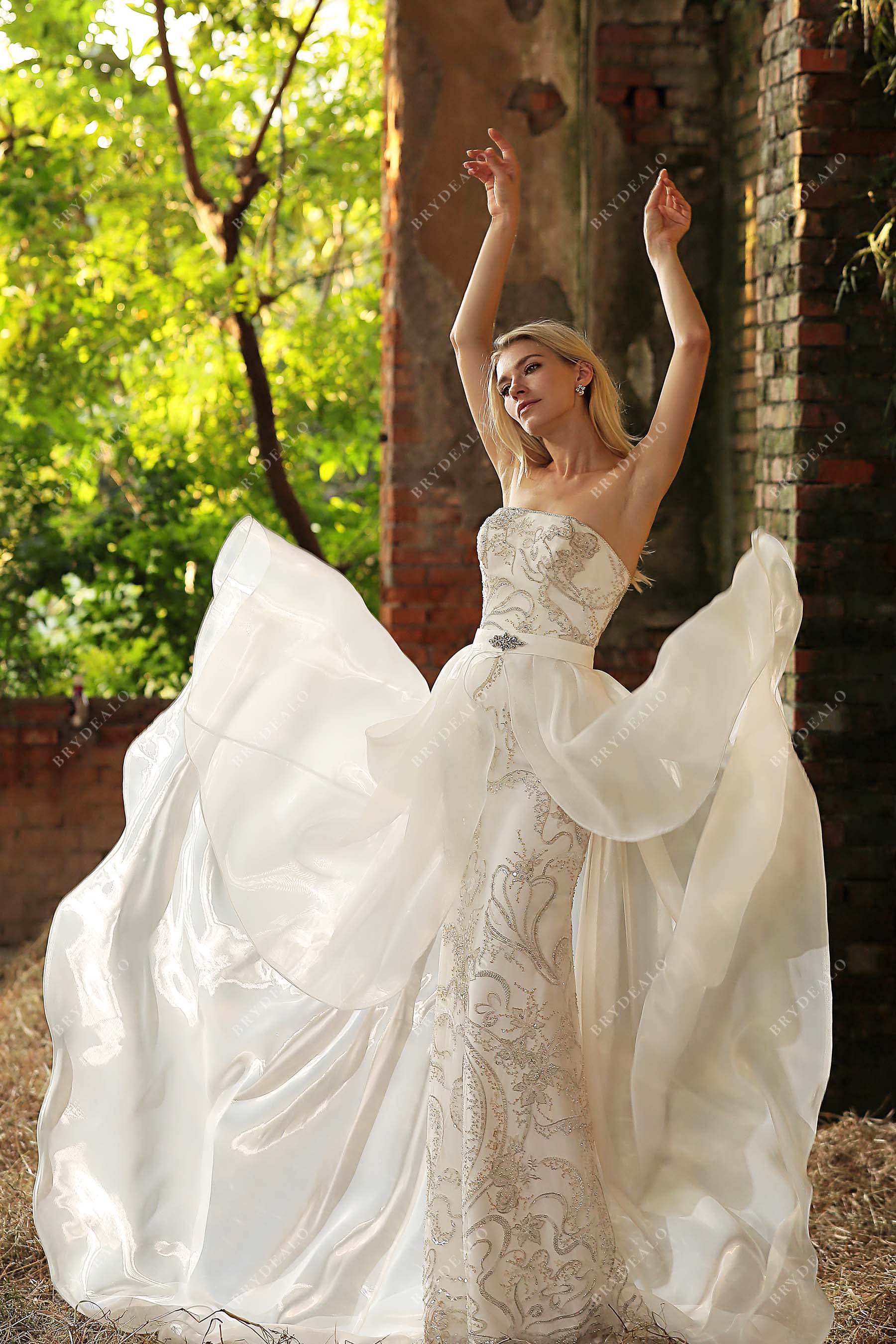 Whimsical Beaded Wedding Dress with Detachable Organza Overskirt Whimsical Beaded Wedding Dress with Detachable Organza Overskirt