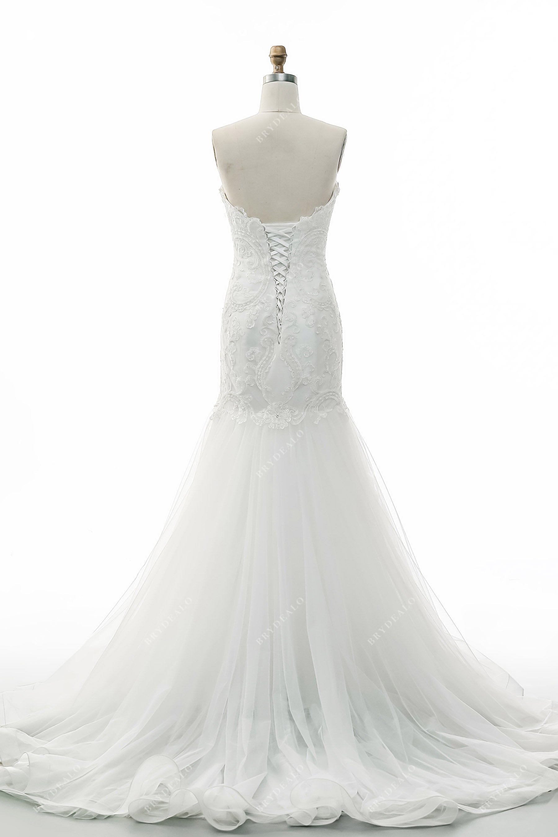 court train tulle lace strapless bridal gown