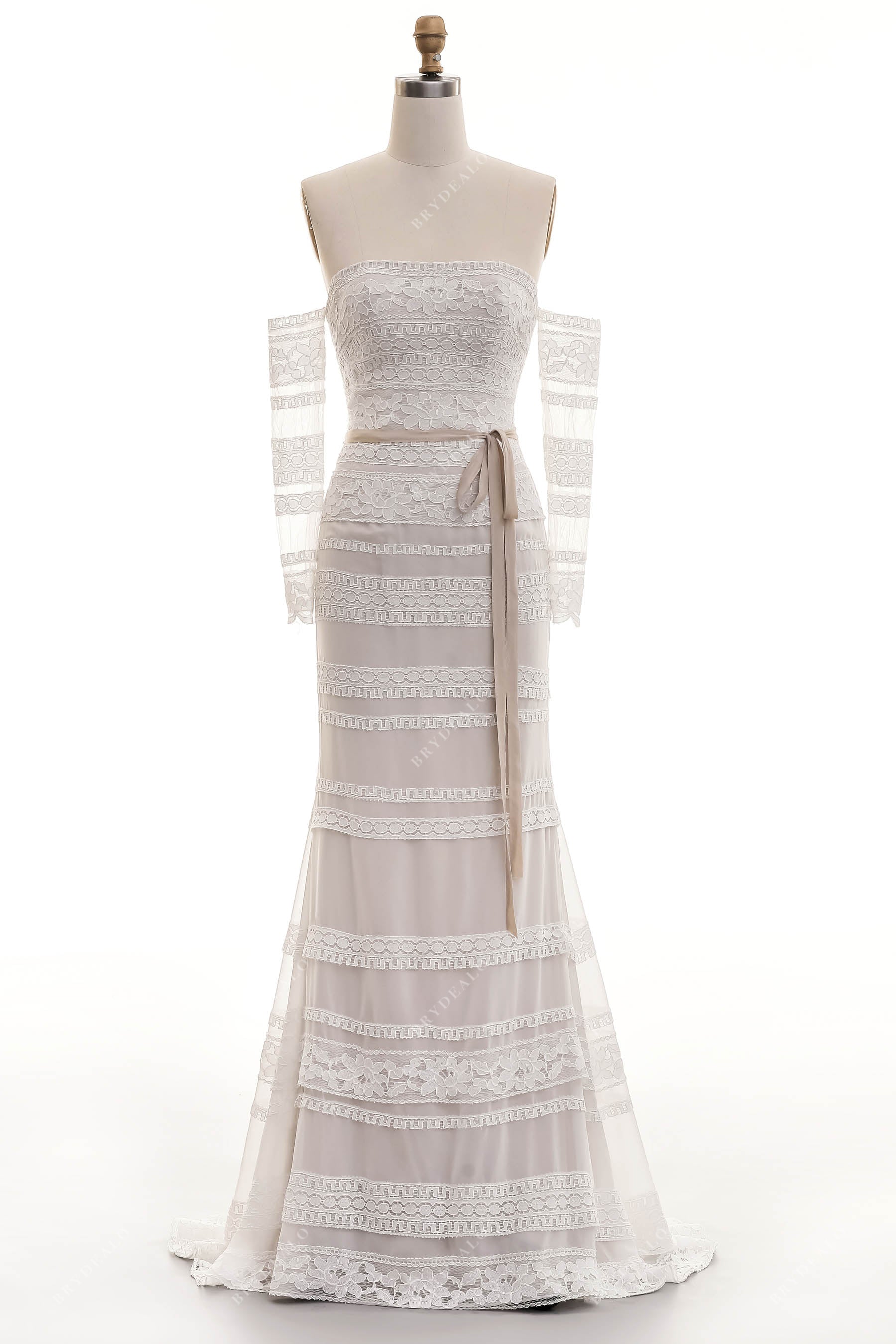 sheer long sleeves fit and flare bohemian wedding gown