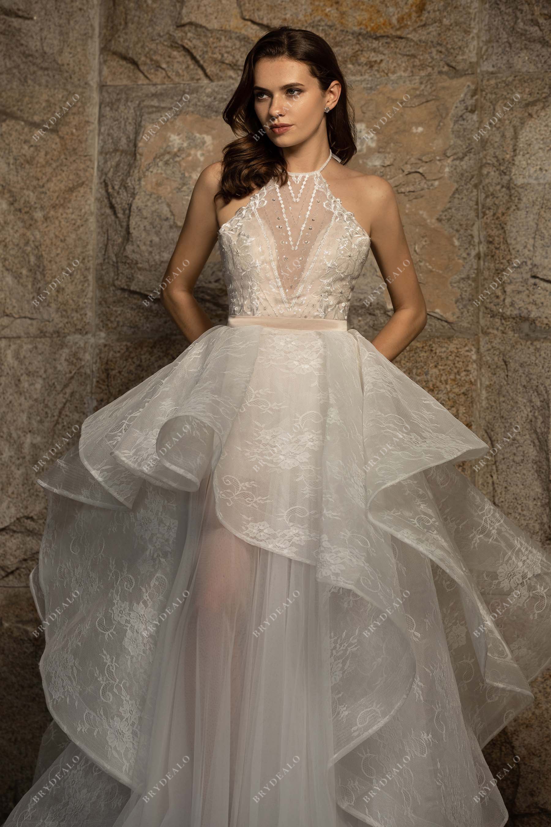 ruffled stiff lace overskirt halter designer wedding Dress