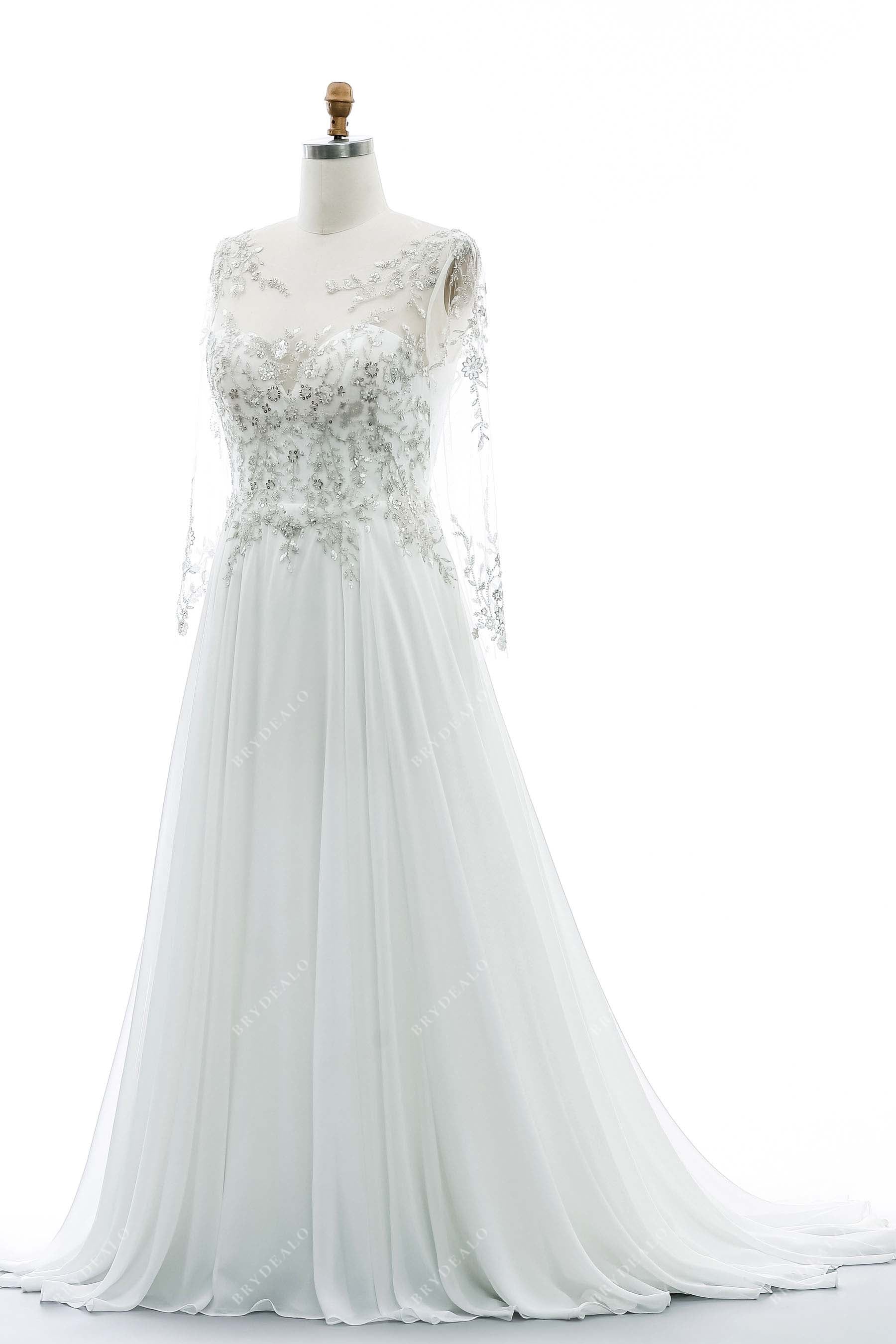 stunning illusion neck long sleeve classic chiffon bridal dress