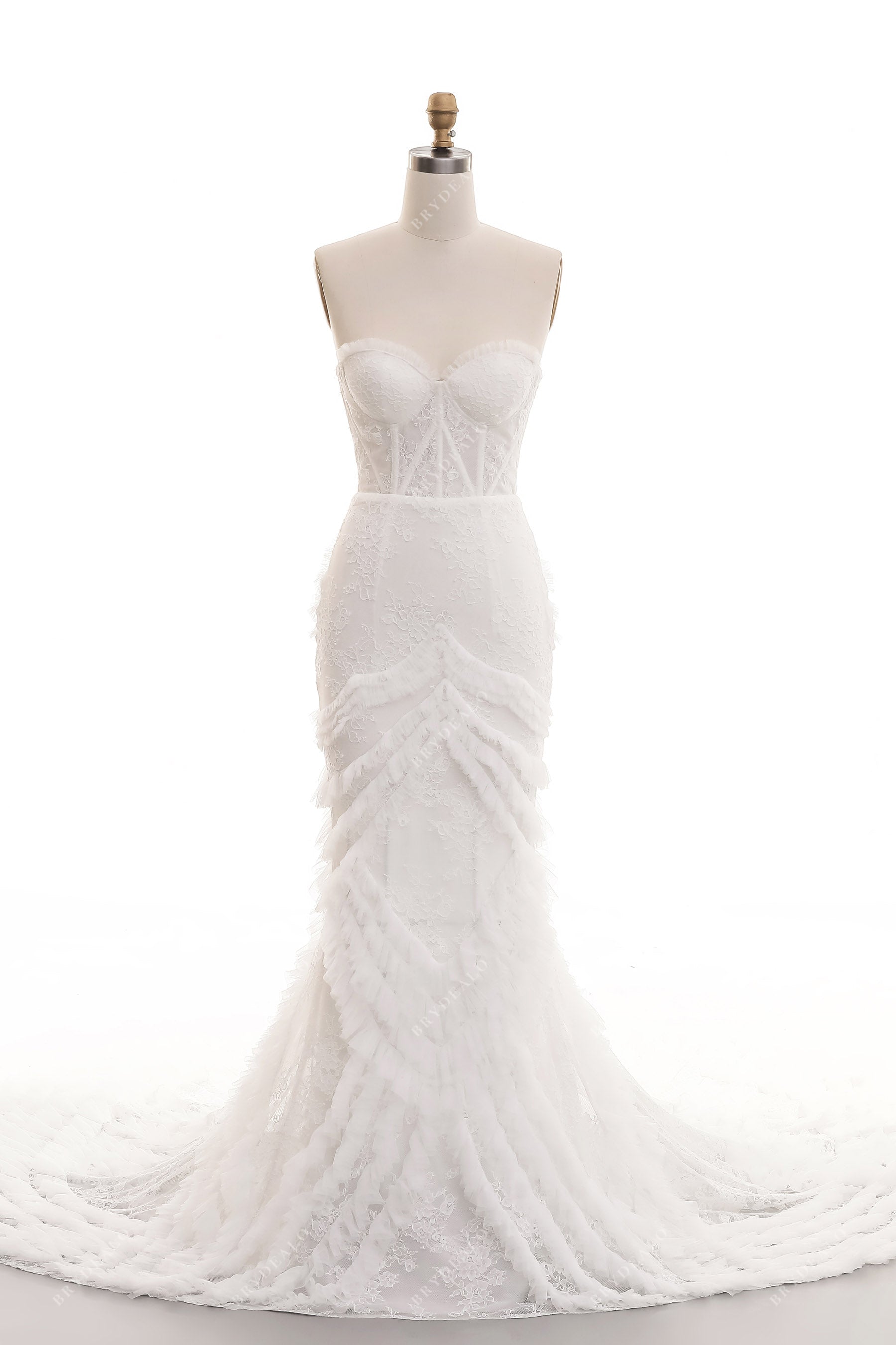 Sweetheart Neck Lace Ruffled Tulle Mermaid Outdoor Wedding Dress