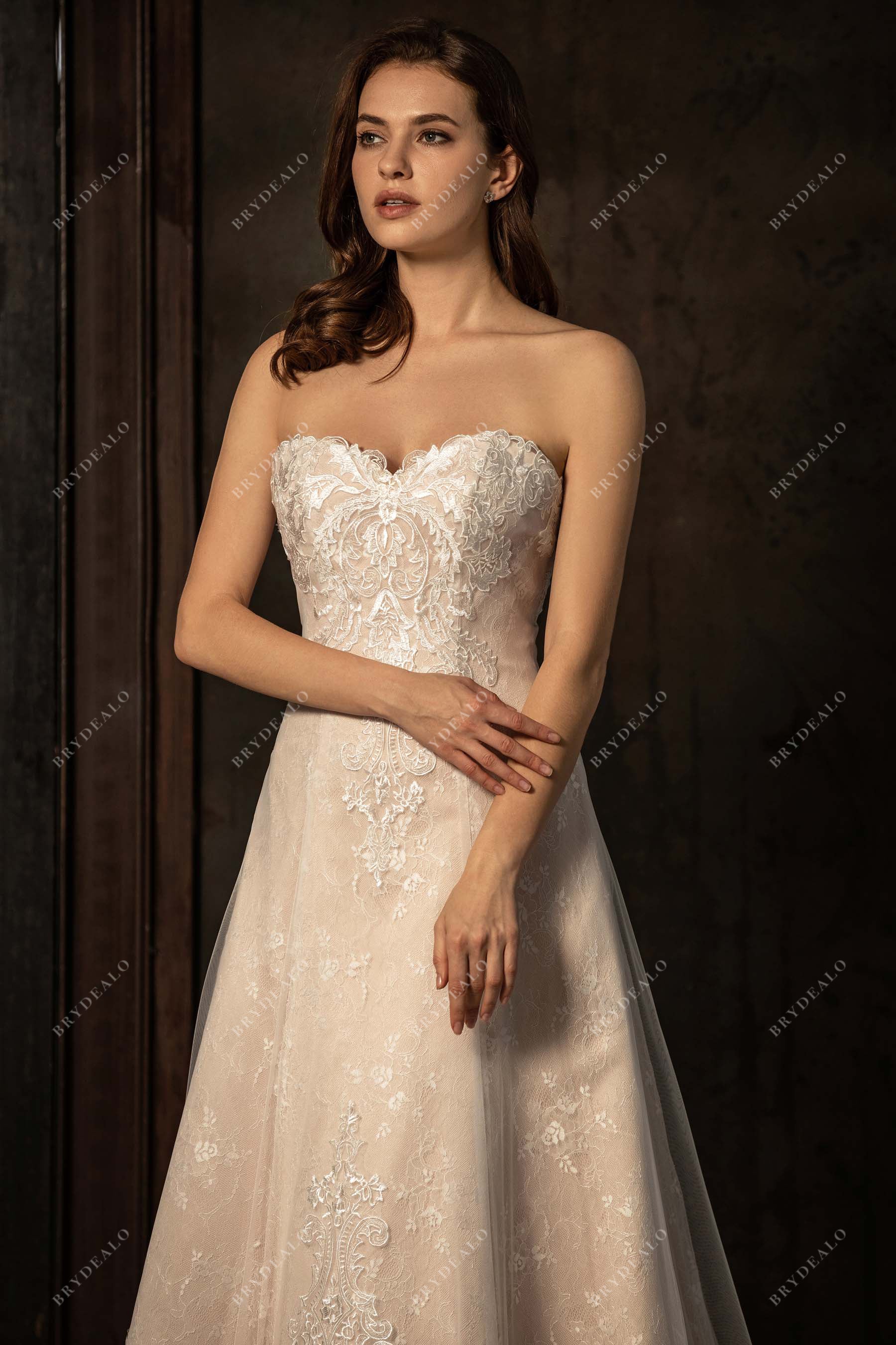 sweetheart neck strapless lace destination bridal dress