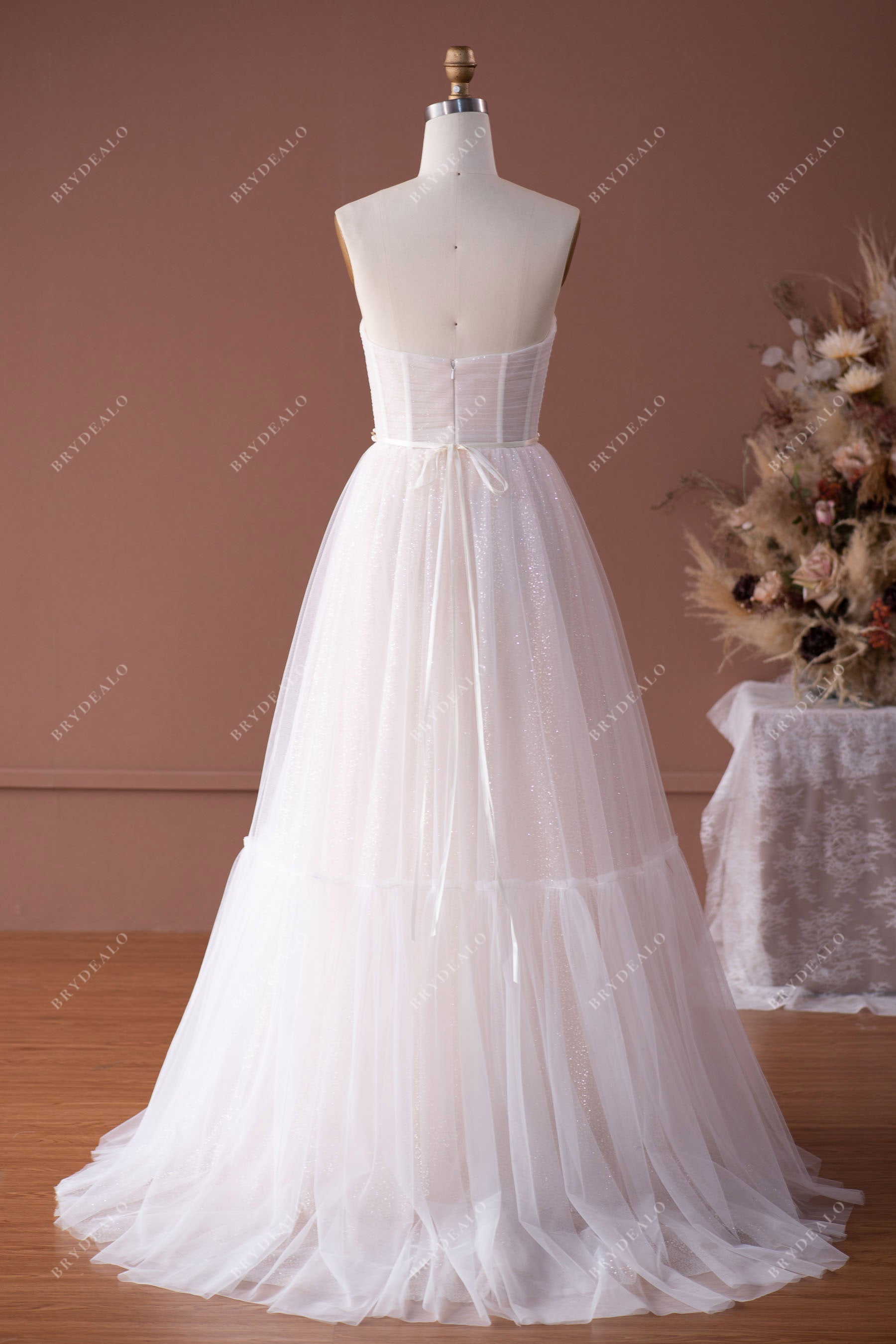 custom sweep train sparkly tulle strapless wedding gown