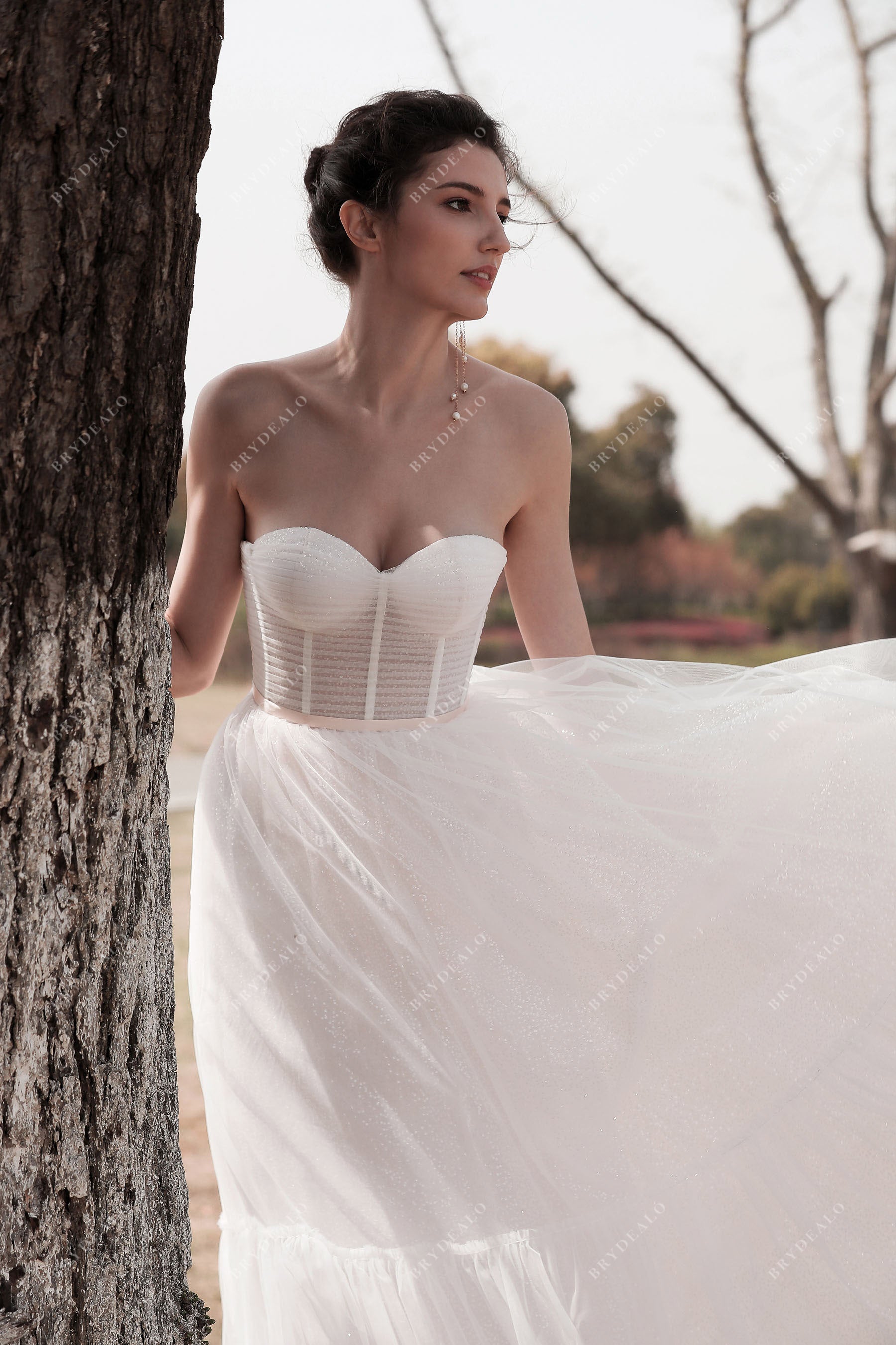 pleated sweetheart neck exposed boning bridal gown