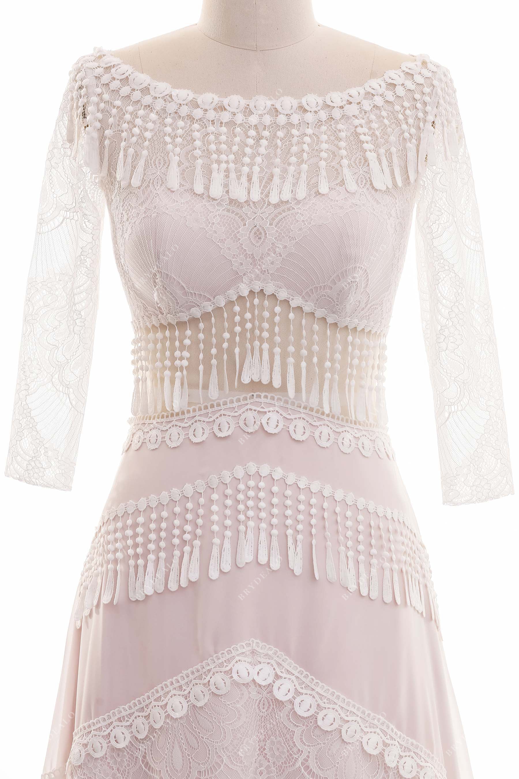 tassels bateau neck nude sleeved fall wedding dress