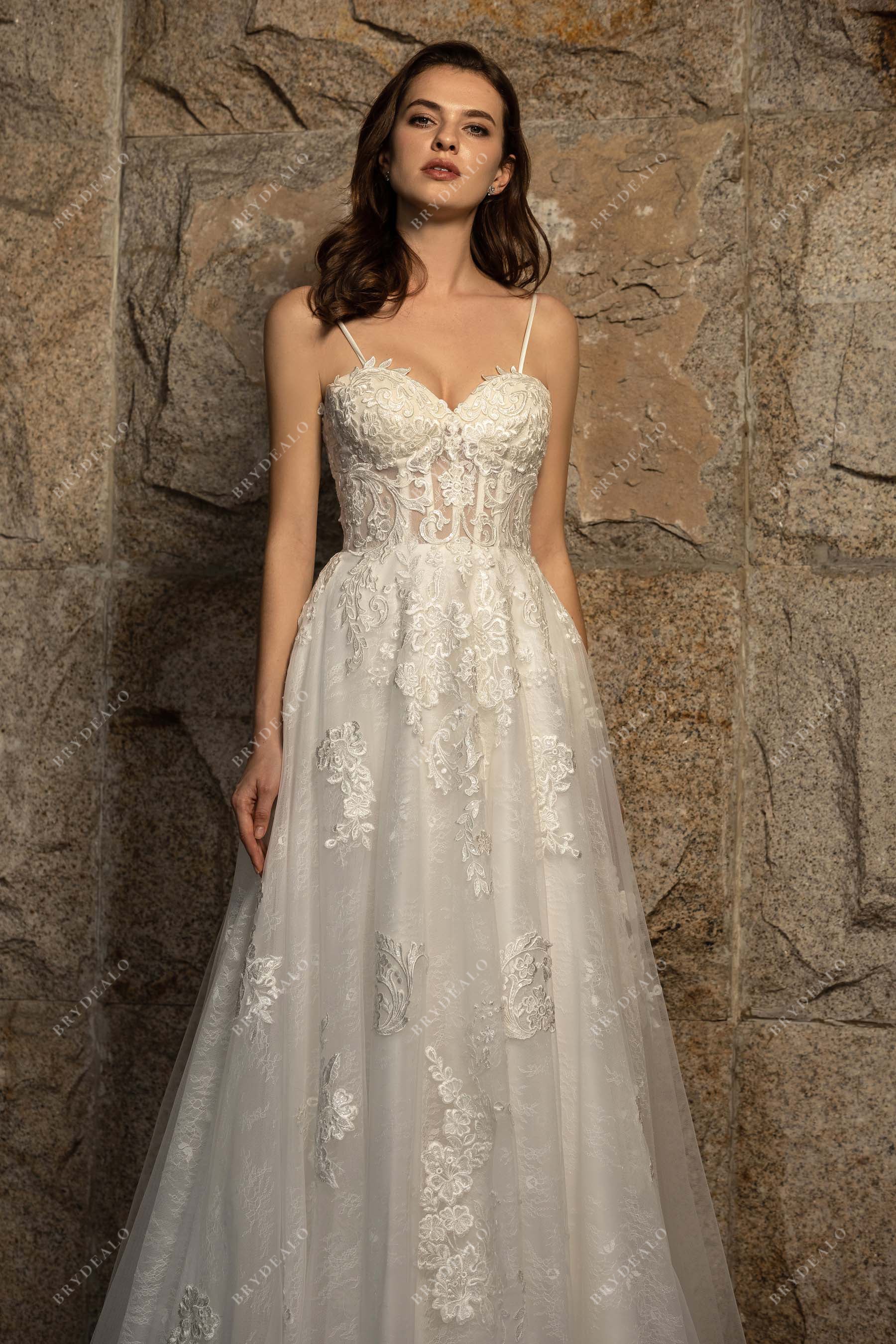 thin straps sweetheart neck illusion corset designer wedding gown