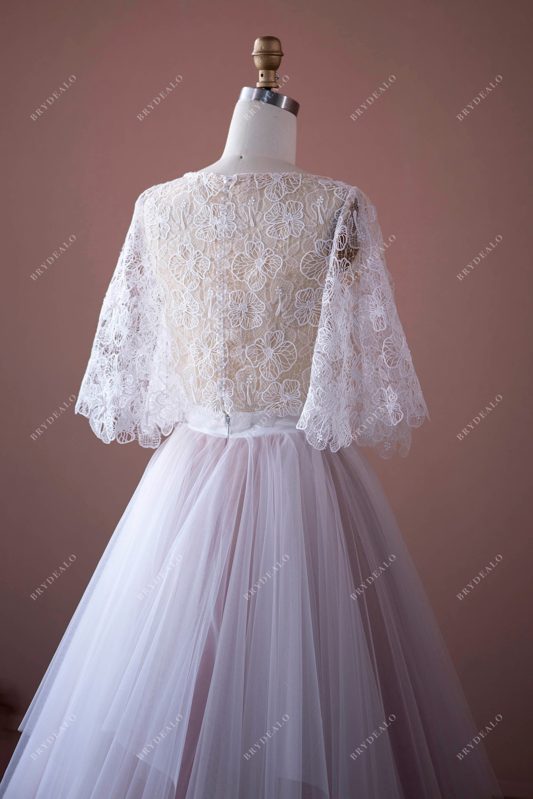 flutter sleeves lace informal bridal gown