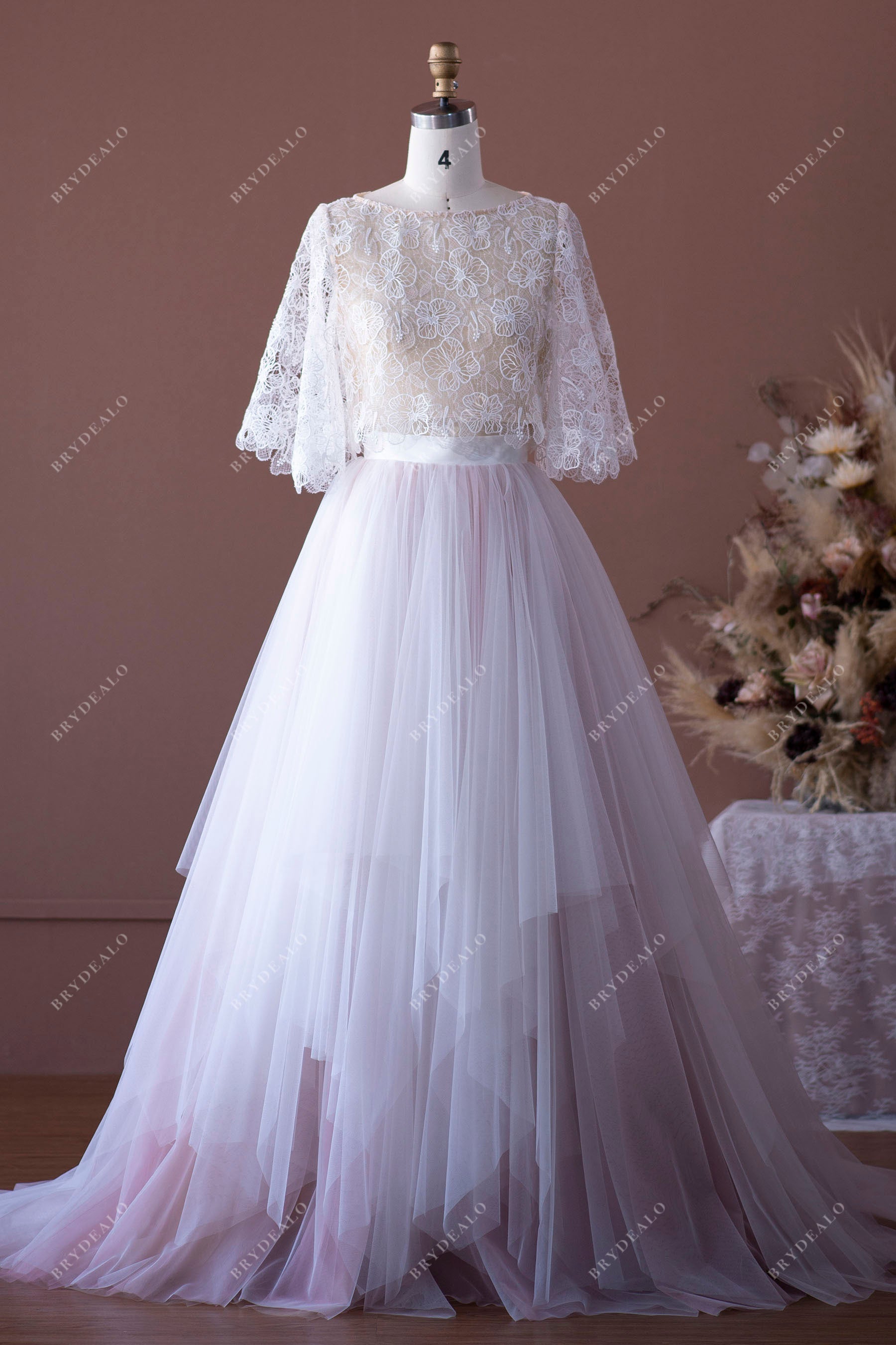 Two-Piece Lace Tulle Sheer Flutter Sleeve Casual Bridal Dress
