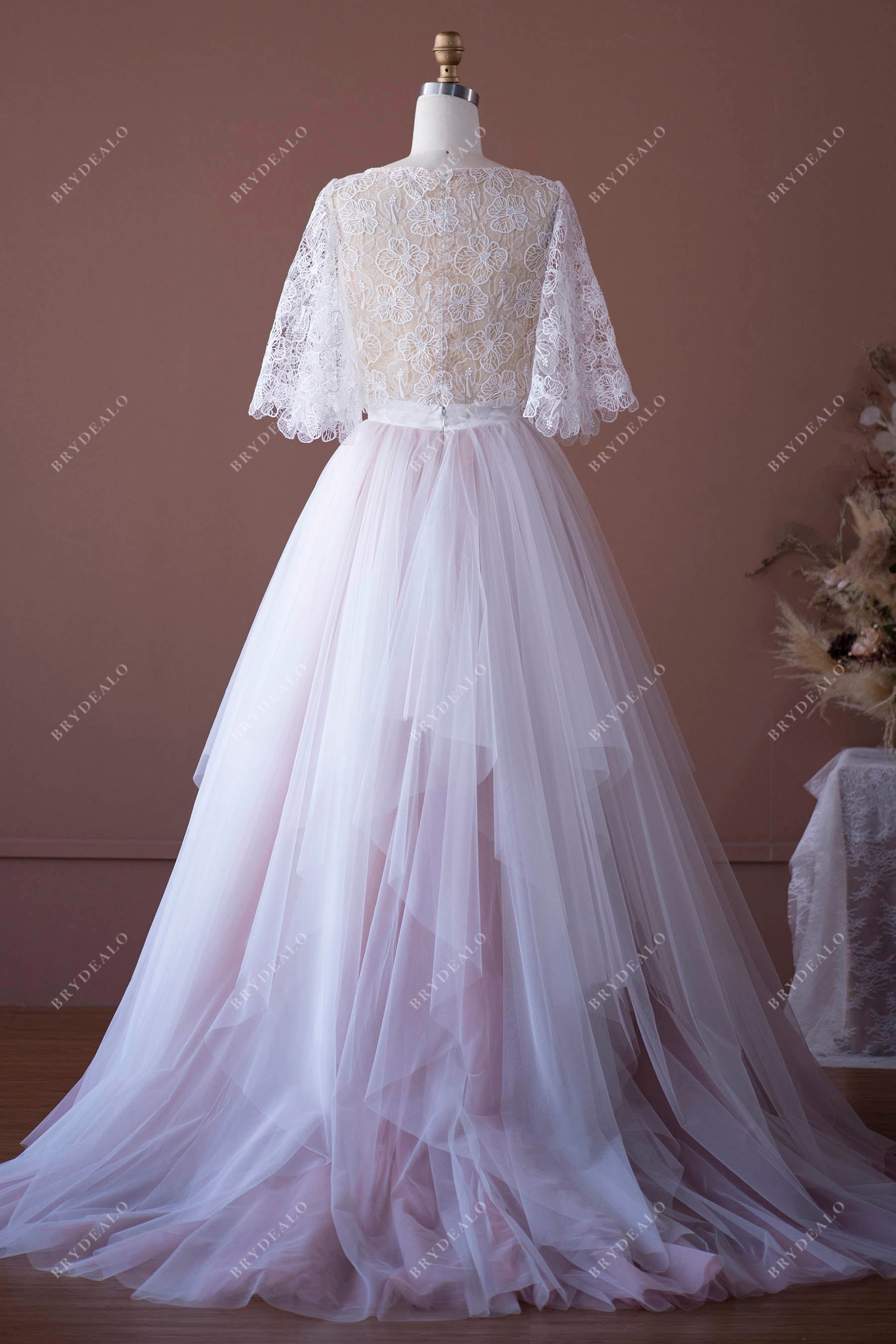 flutter sleeves lace informal puffy A-line wedding ball gown