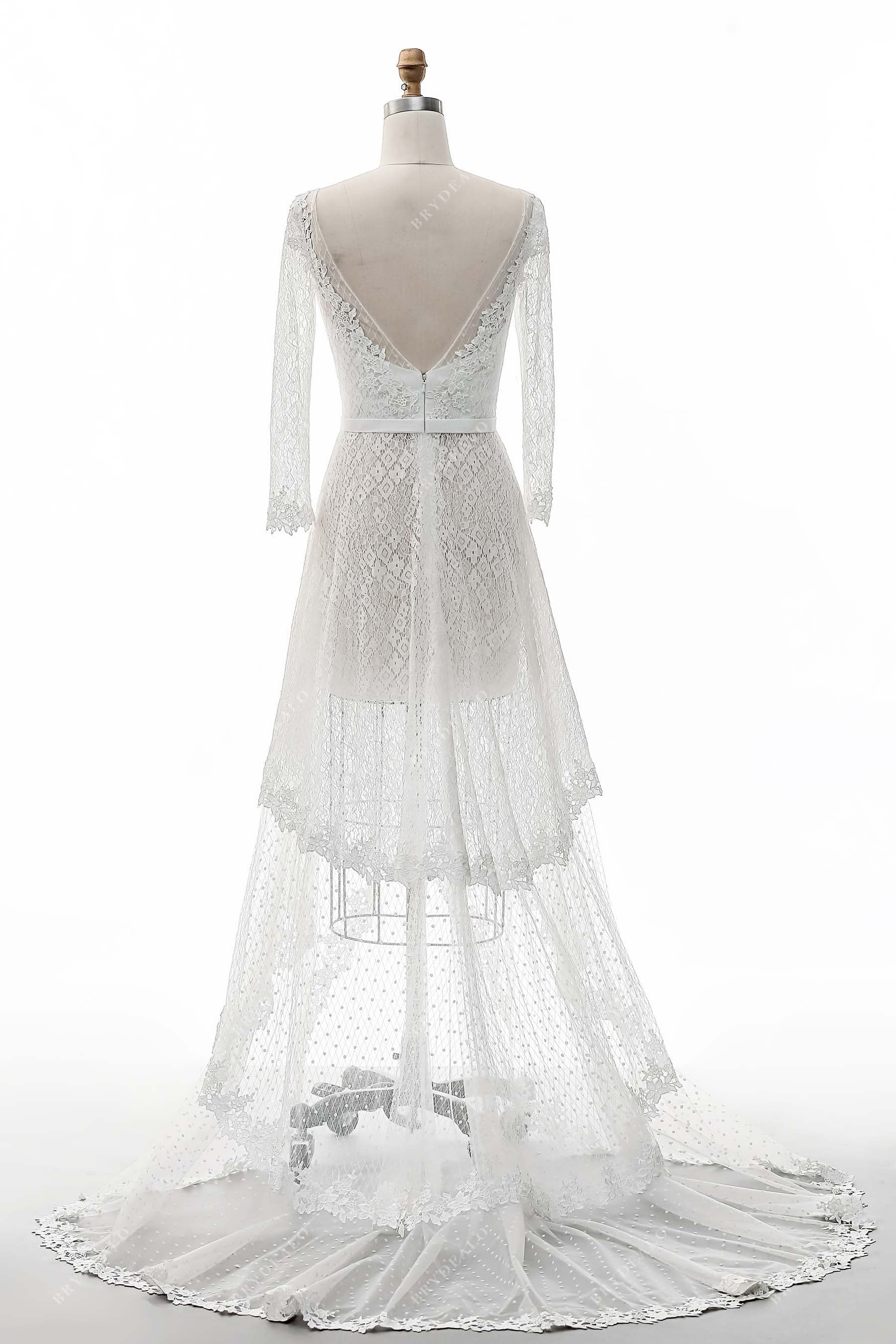 V-back sheer sleeves A-line bridal dress