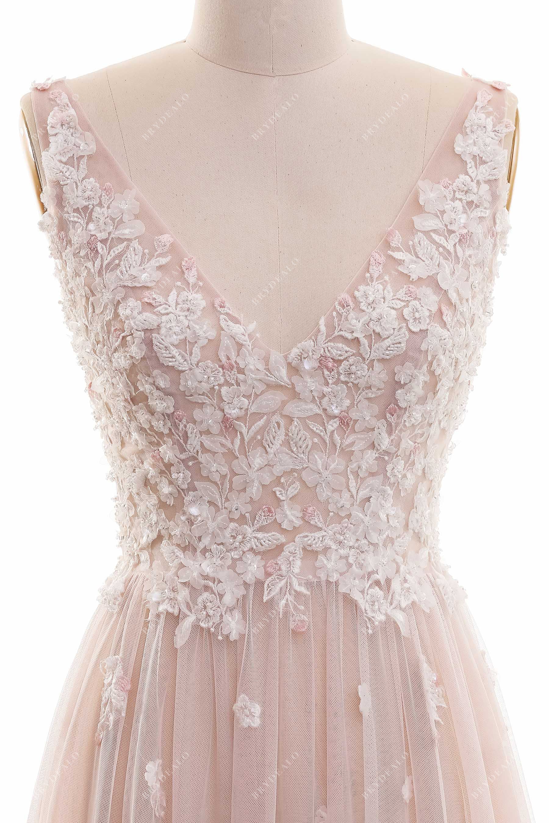 Boho V-neck Beaded Lace Dusty Rose Summer Wedding Dress