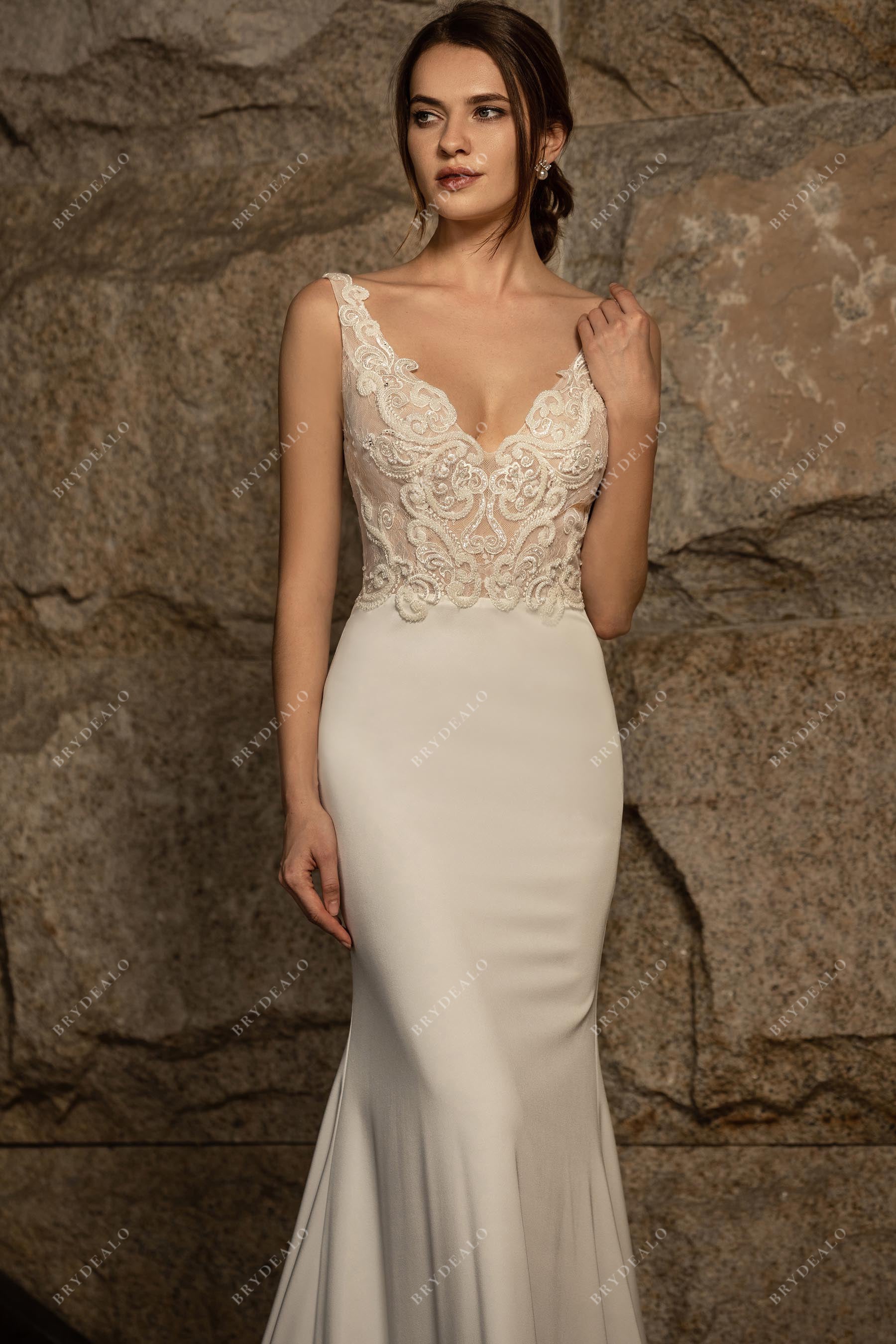 Designer Wedding Dress with Beaded Appliques & Fishtail Skirt Brydealo Designer Wedding Dress with Beaded Appliques & Fishtail Skirt Brydealo