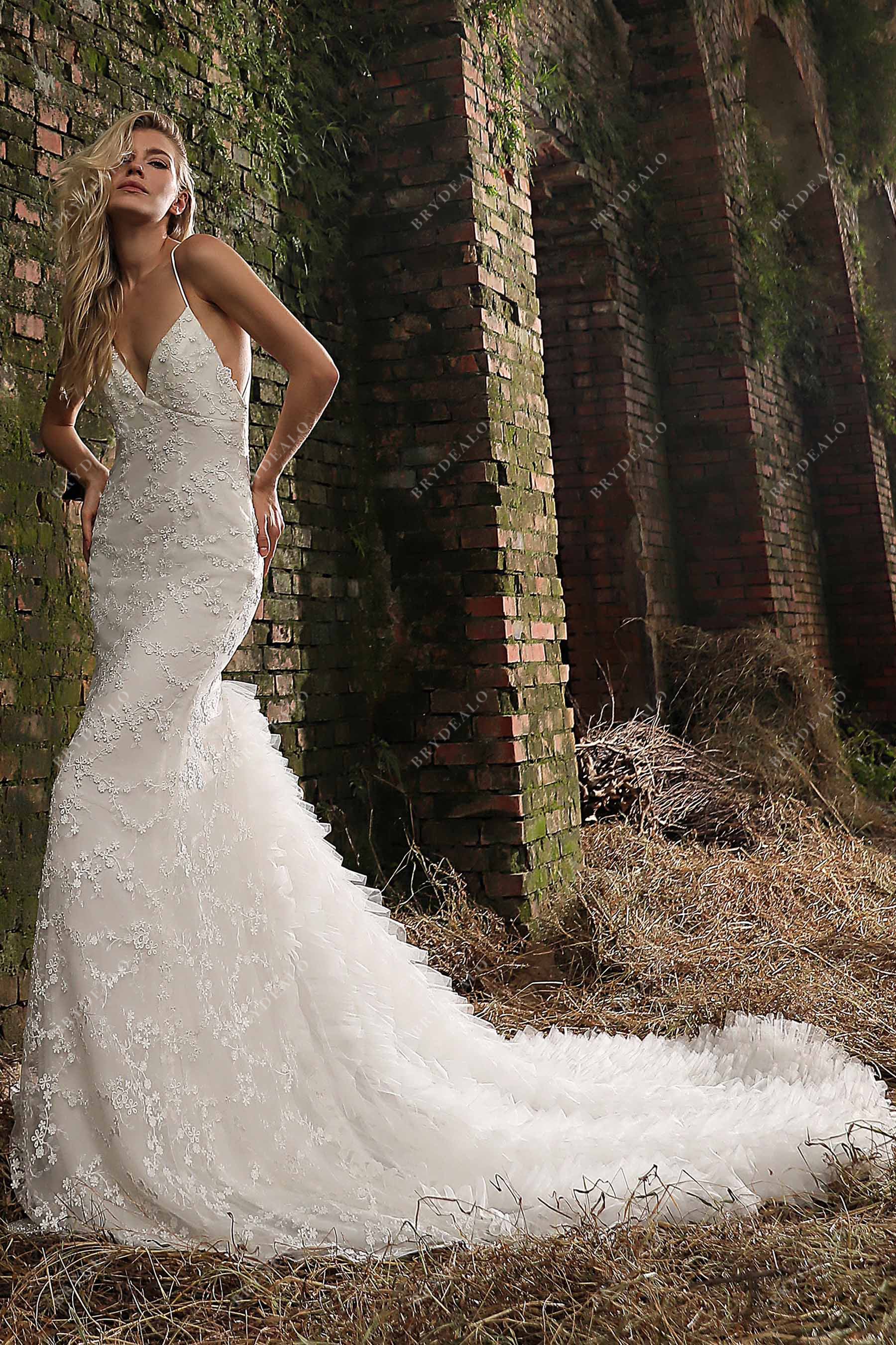 Designer Ruffled Mermaid Wedding Dress: Floral Lace, Tulle, Crisscross Back – Brydealo Designer Ruffled Mermaid Wedding Dress: Floral Lace, Tulle, Crisscross Back – Brydealo